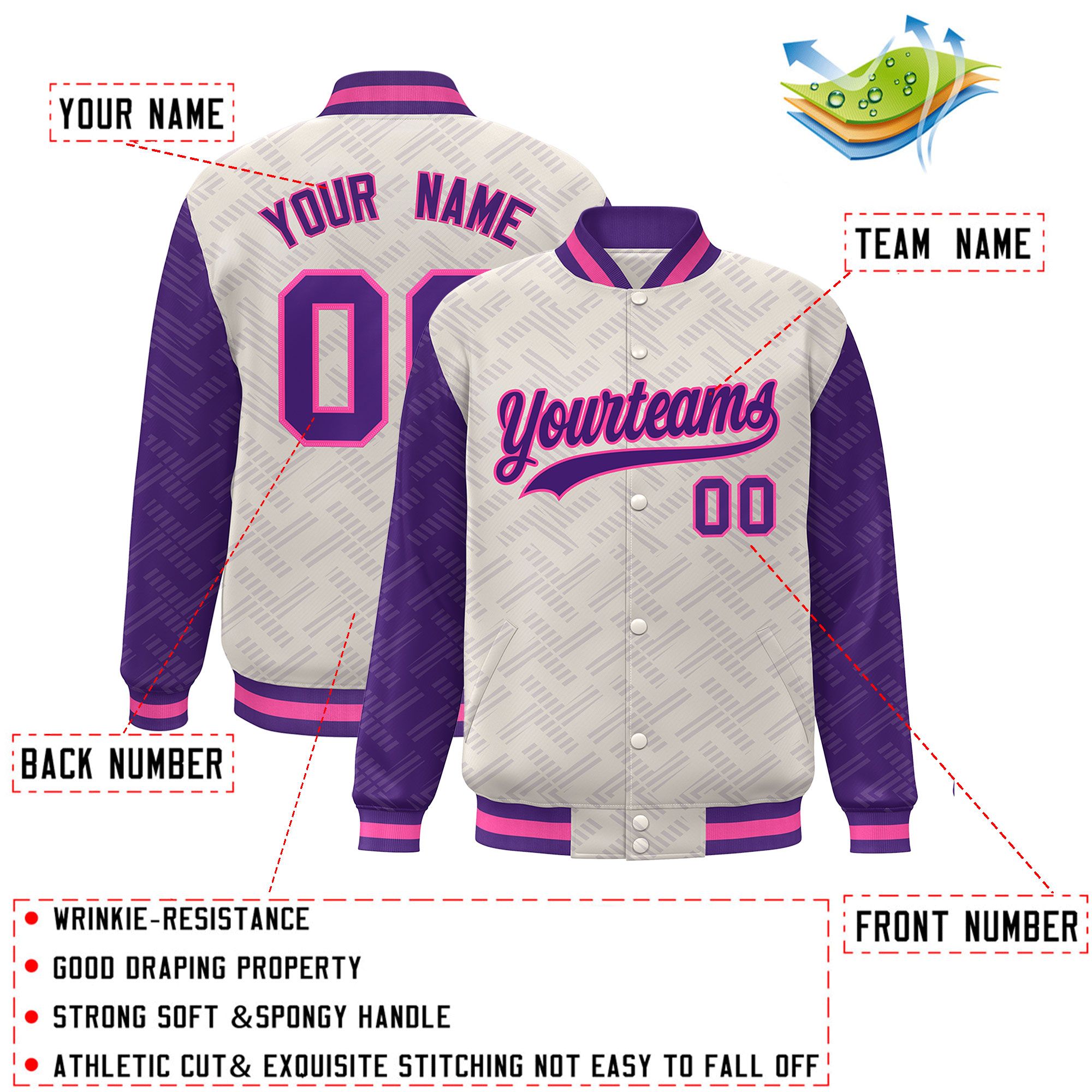 Custom Cream Purple L Pattern Varsity Raglan Sleeves Full-Snap Letterman Baseball Jacket