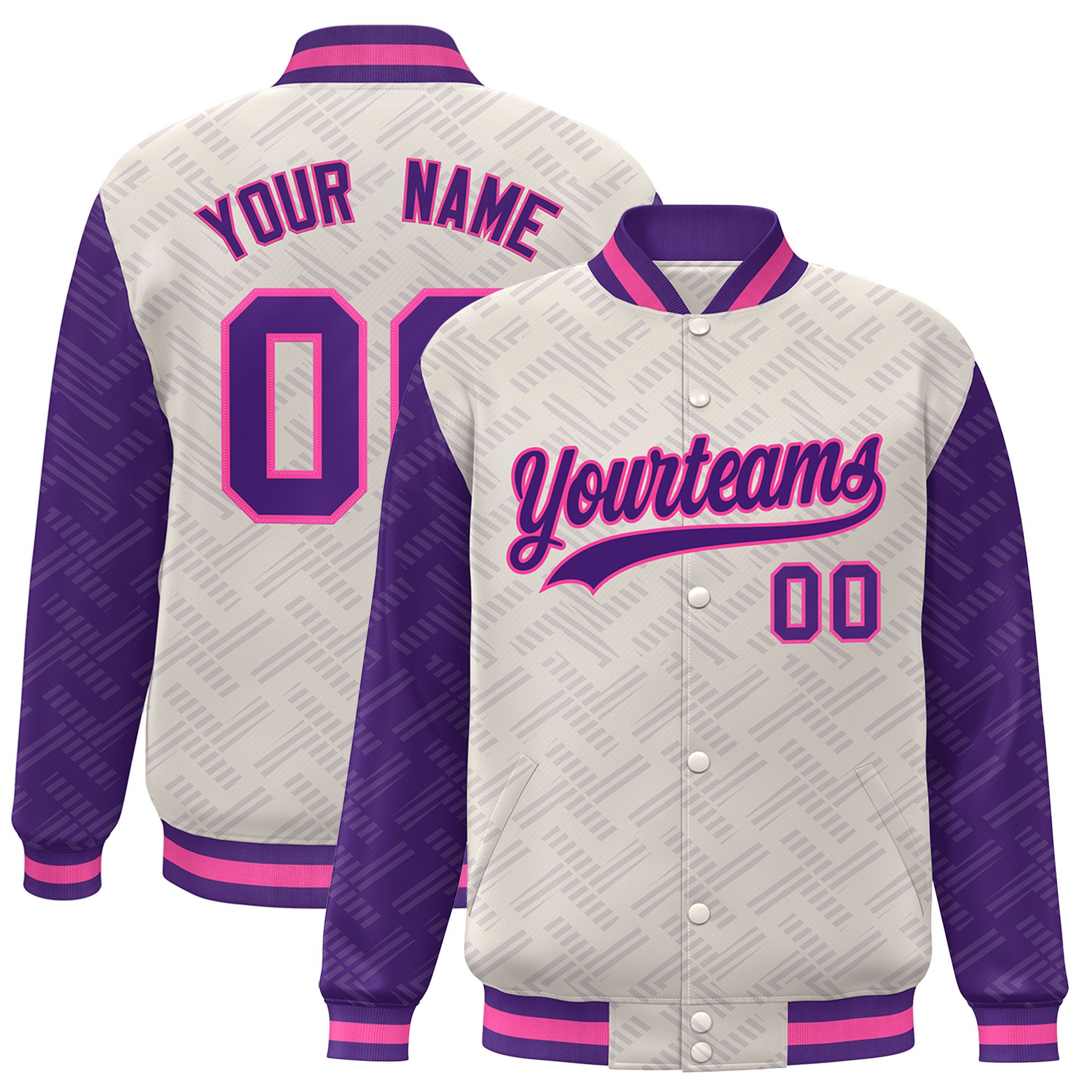 Custom Cream Purple L Pattern Varsity Raglan Sleeves Full-Snap Letterman Baseball Jacket