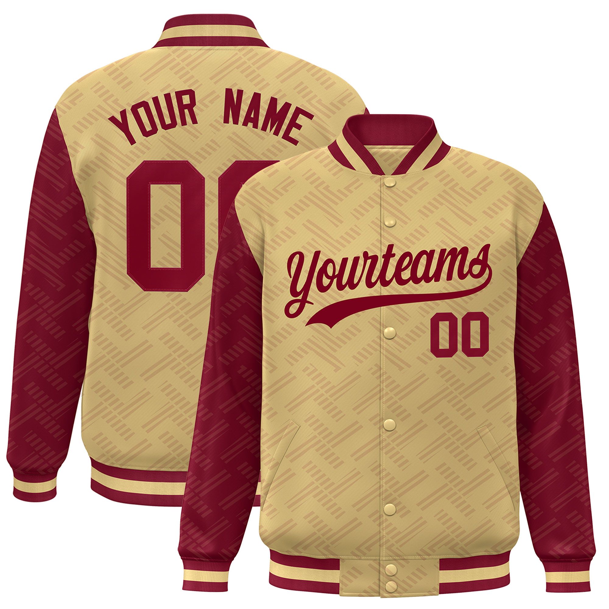 Custom Khaki Crimson L Pattern Varsity Raglan Sleeves Full-Snap Letterman Baseball Jacket