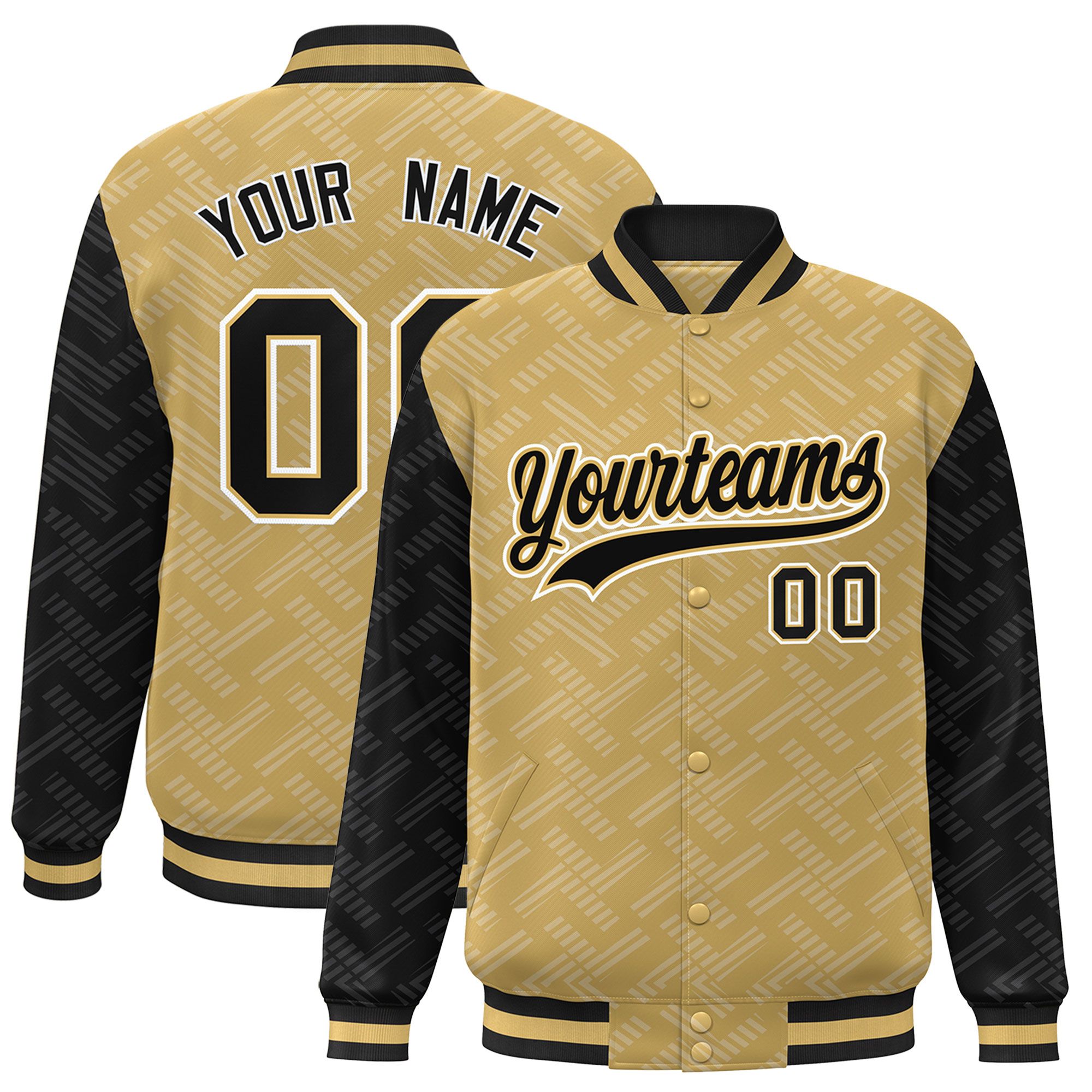 Custom Old Gold Black L Pattern Varsity Raglan Sleeves Full-Snap Letterman Baseball Jacket