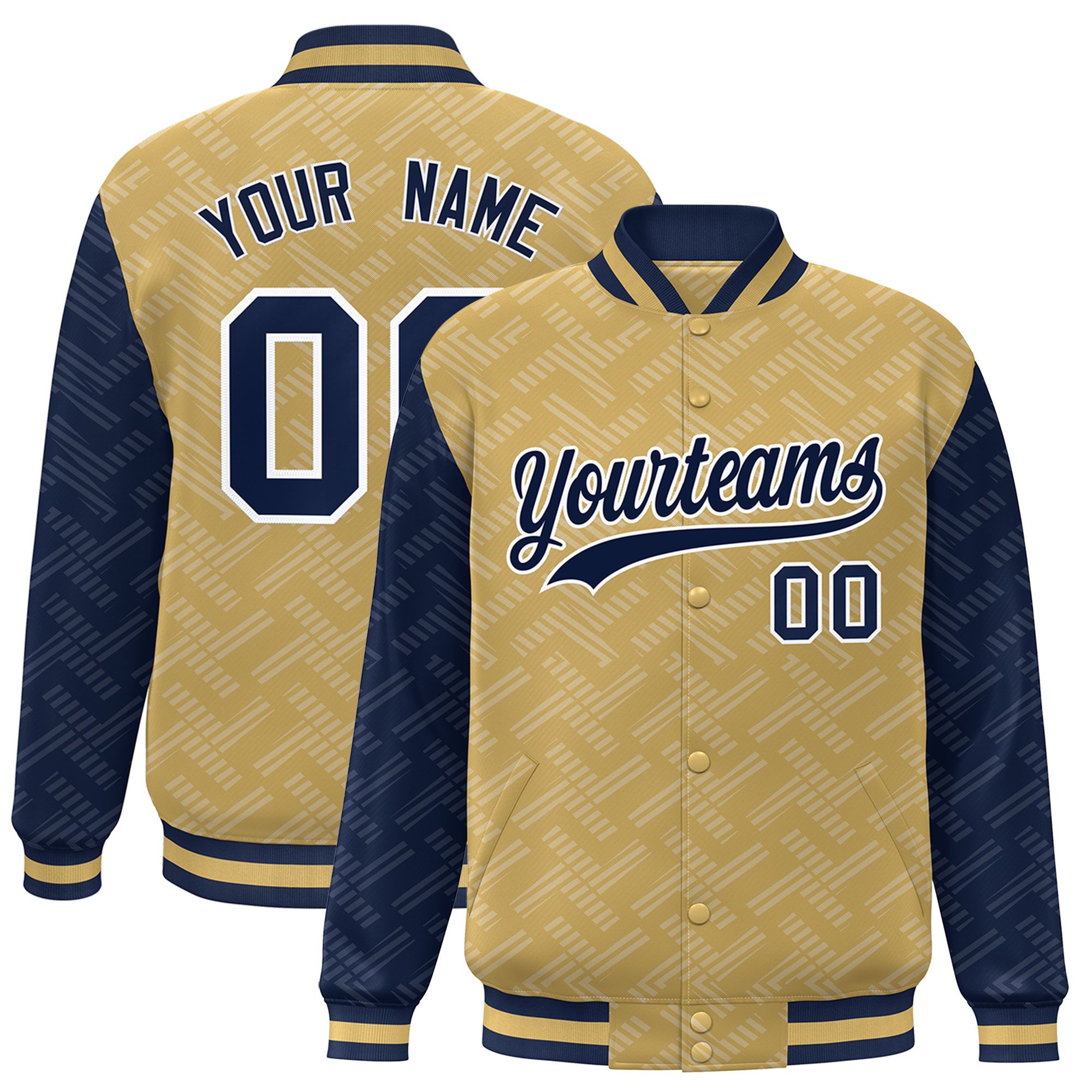 Custom Old Gold Navy L Pattern Varsity Raglan Sleeves Full-Snap Letterman Baseball Jacket