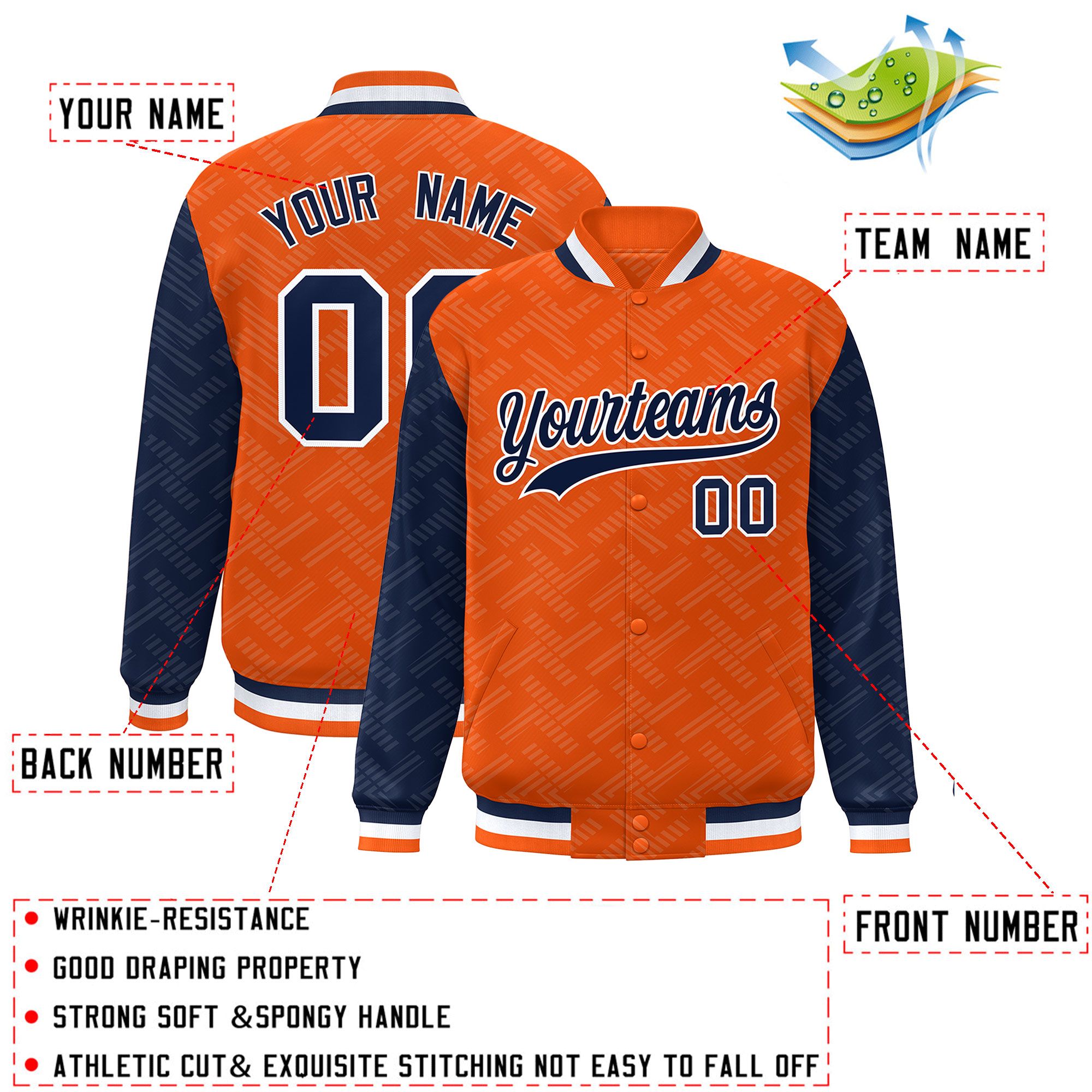 Custom Orange Navy L Pattern Varsity Raglan Sleeves Full-Snap Letterman Baseball Jacket