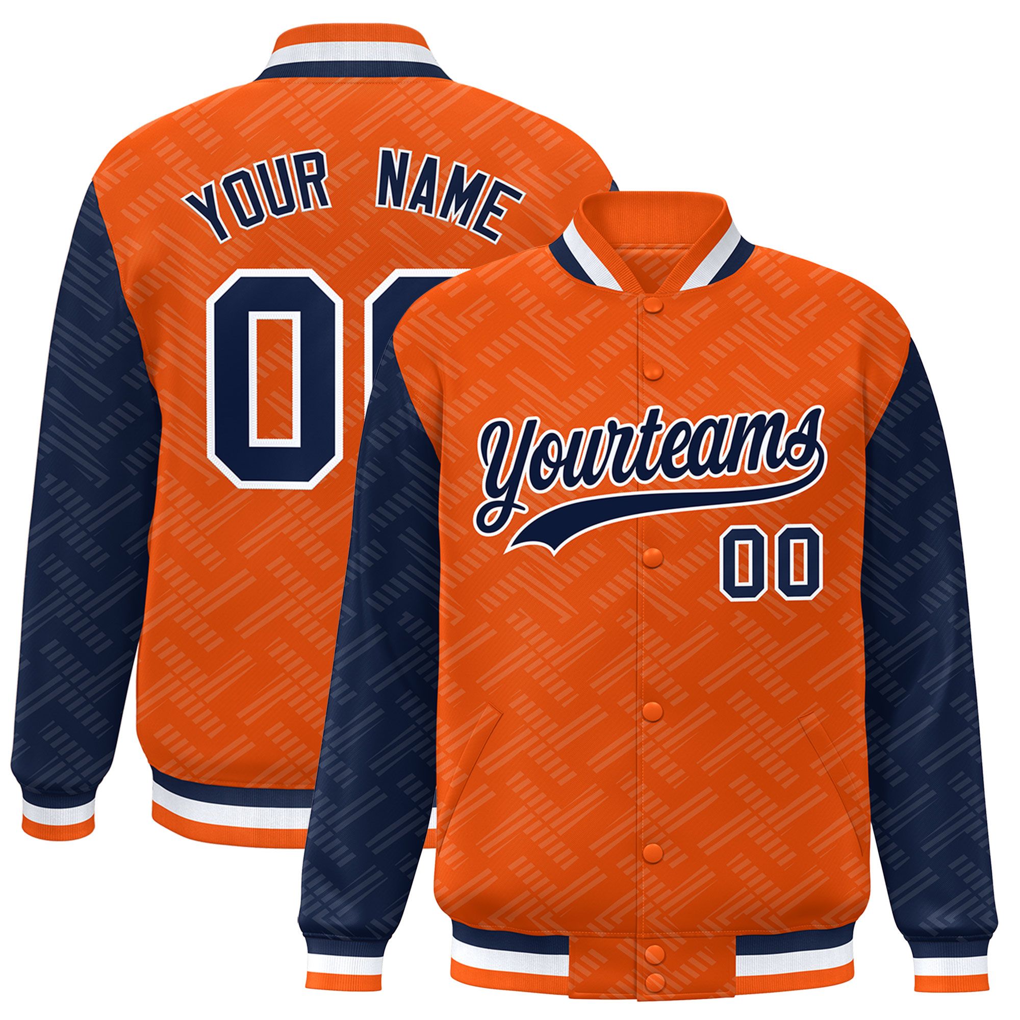 Custom Orange Navy L Pattern Varsity Raglan Sleeves Full-Snap Letterman Baseball Jacket