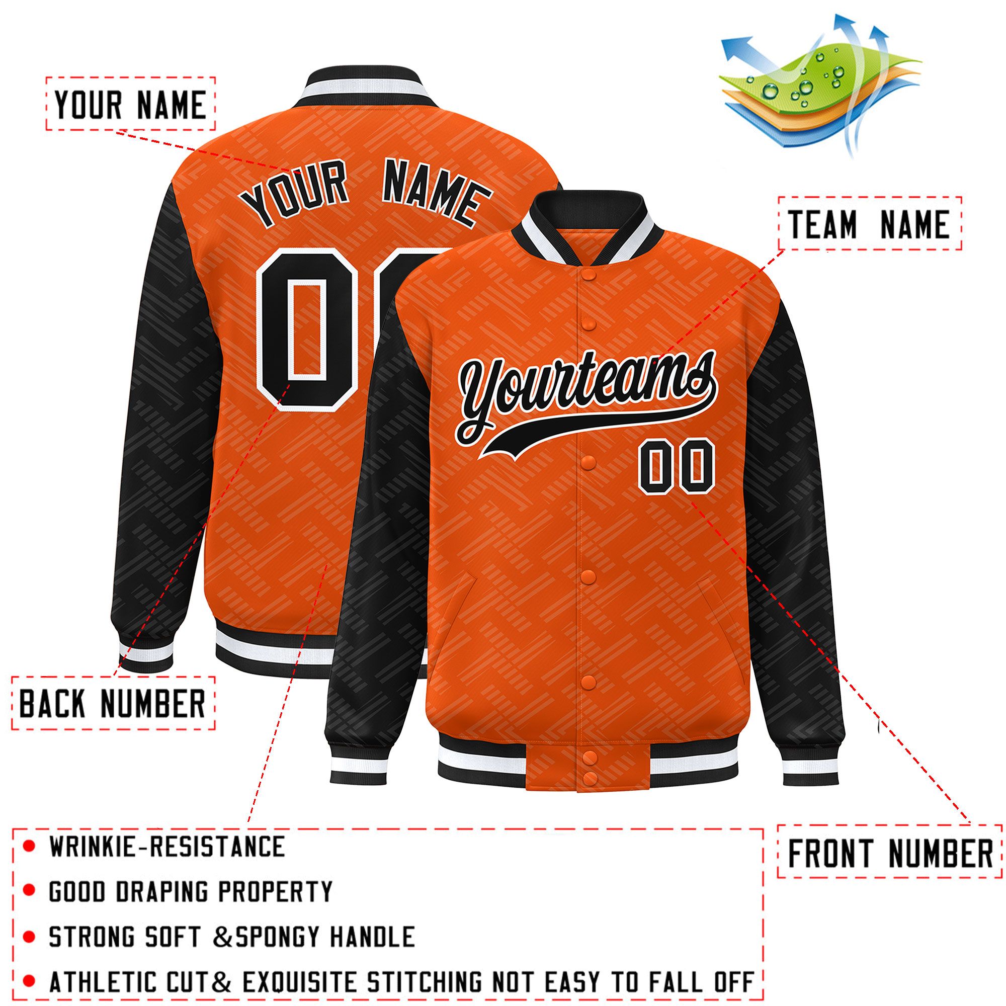 Custom Orange Black L Pattern Varsity Raglan Sleeves Full-Snap Letterman Baseball Jacket