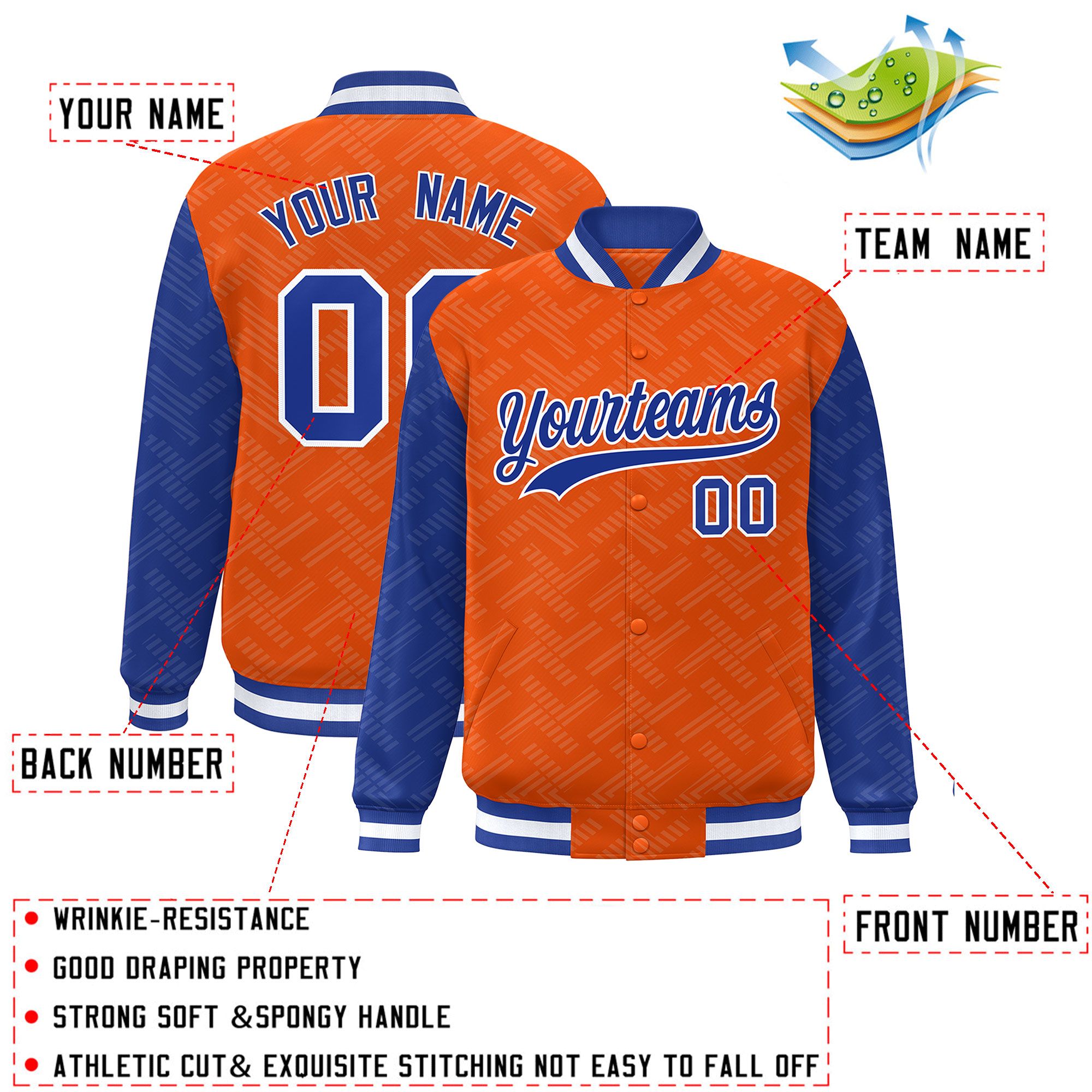 Custom Orange Royal L Pattern Varsity Raglan Sleeves Full-Snap Letterman Baseball Jacket