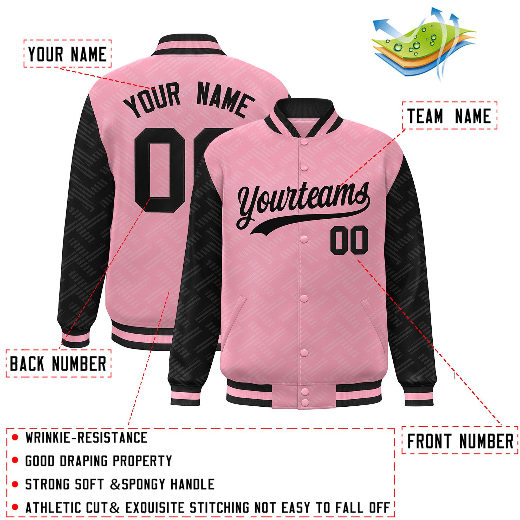 Custom Light Pink Black L Pattern Varsity Raglan Sleeves Full-Snap Letterman Baseball Jacket