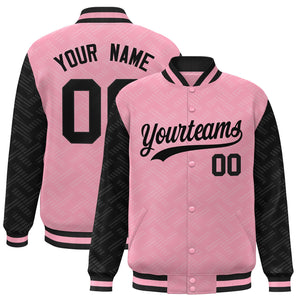 Custom Light Pink Black L Pattern Varsity Raglan Sleeves Full-Snap Letterman Baseball Jacket