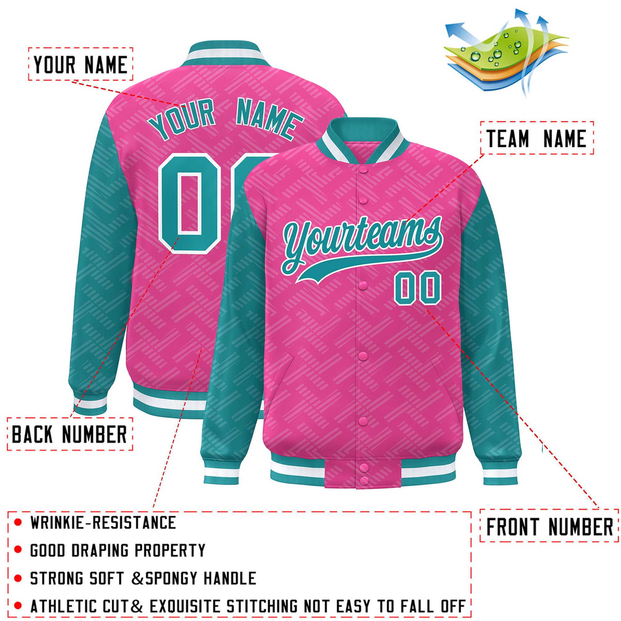 Custom Pink Aqua L Pattern Varsity Raglan Sleeves Full-Snap Letterman Baseball Jacket