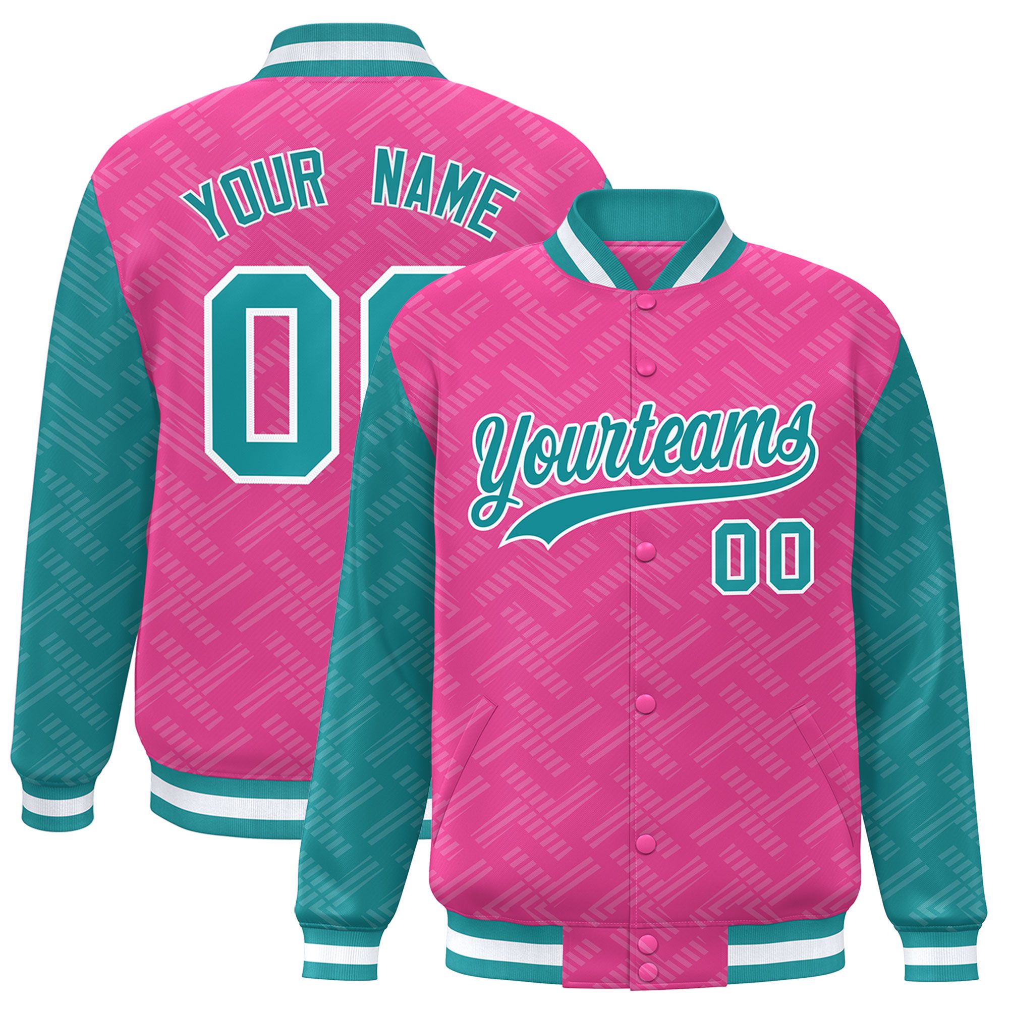 Custom Pink Aqua L Pattern Varsity Raglan Sleeves Full-Snap Letterman Baseball Jacket