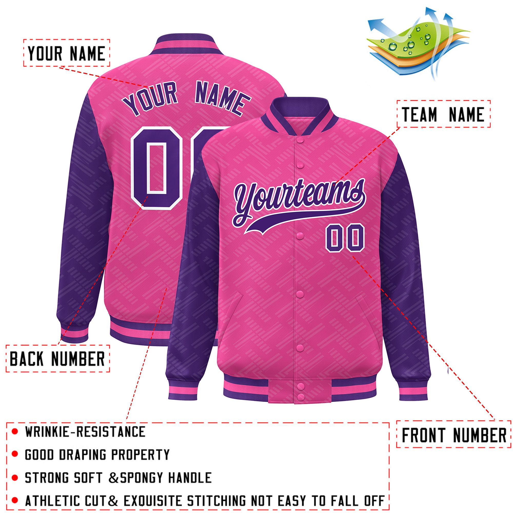 Custom Pink Purple L Pattern Varsity Raglan Sleeves Full-Snap Letterman Baseball Jacket