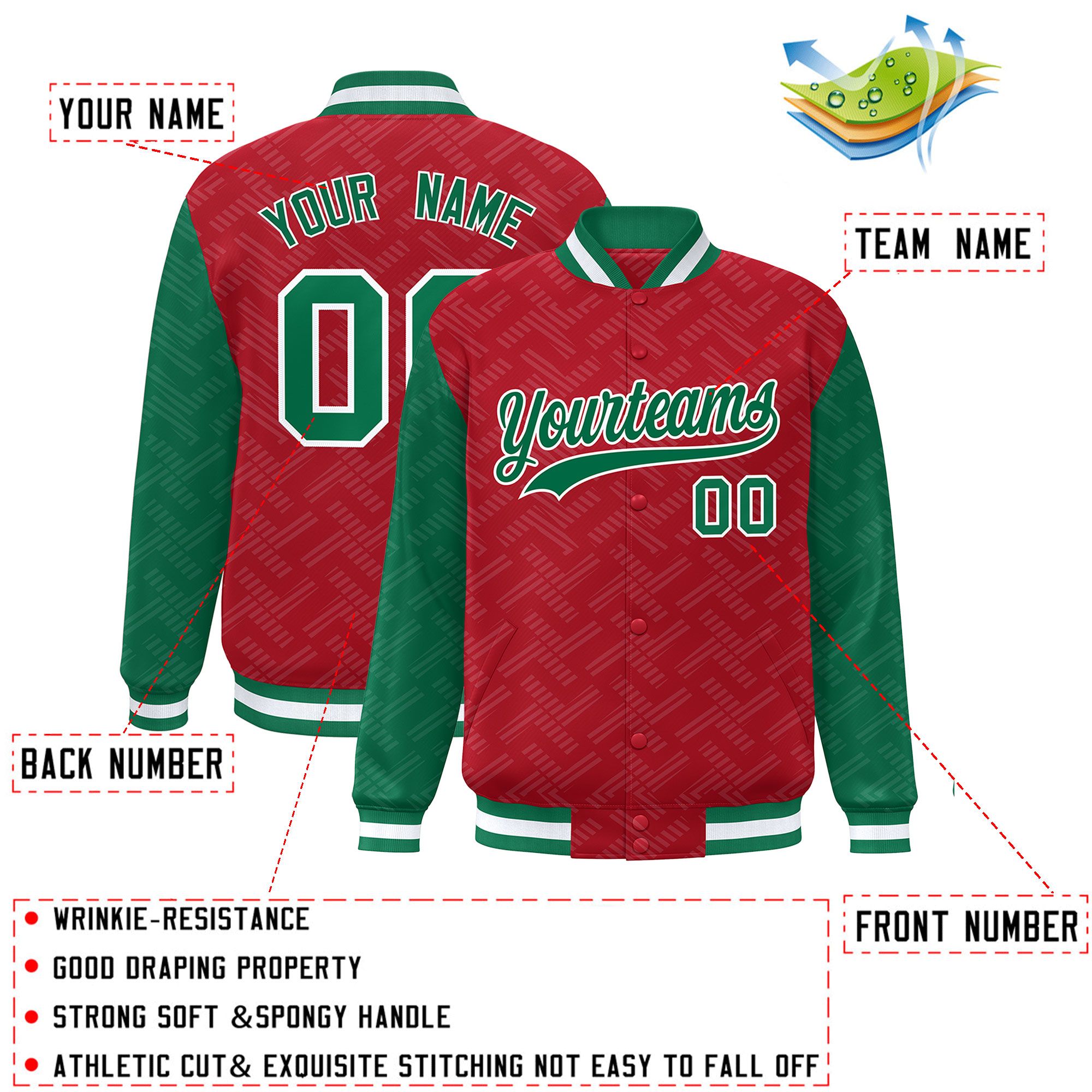 Custom Red Kelly Green L Pattern Varsity Raglan Sleeves Full-Snap Letterman Baseball Jacket