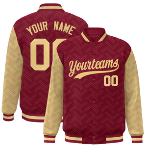 Custom Crimson Khaki L Pattern Varsity Raglan Sleeves Full-Snap Letterman Baseball Jacket