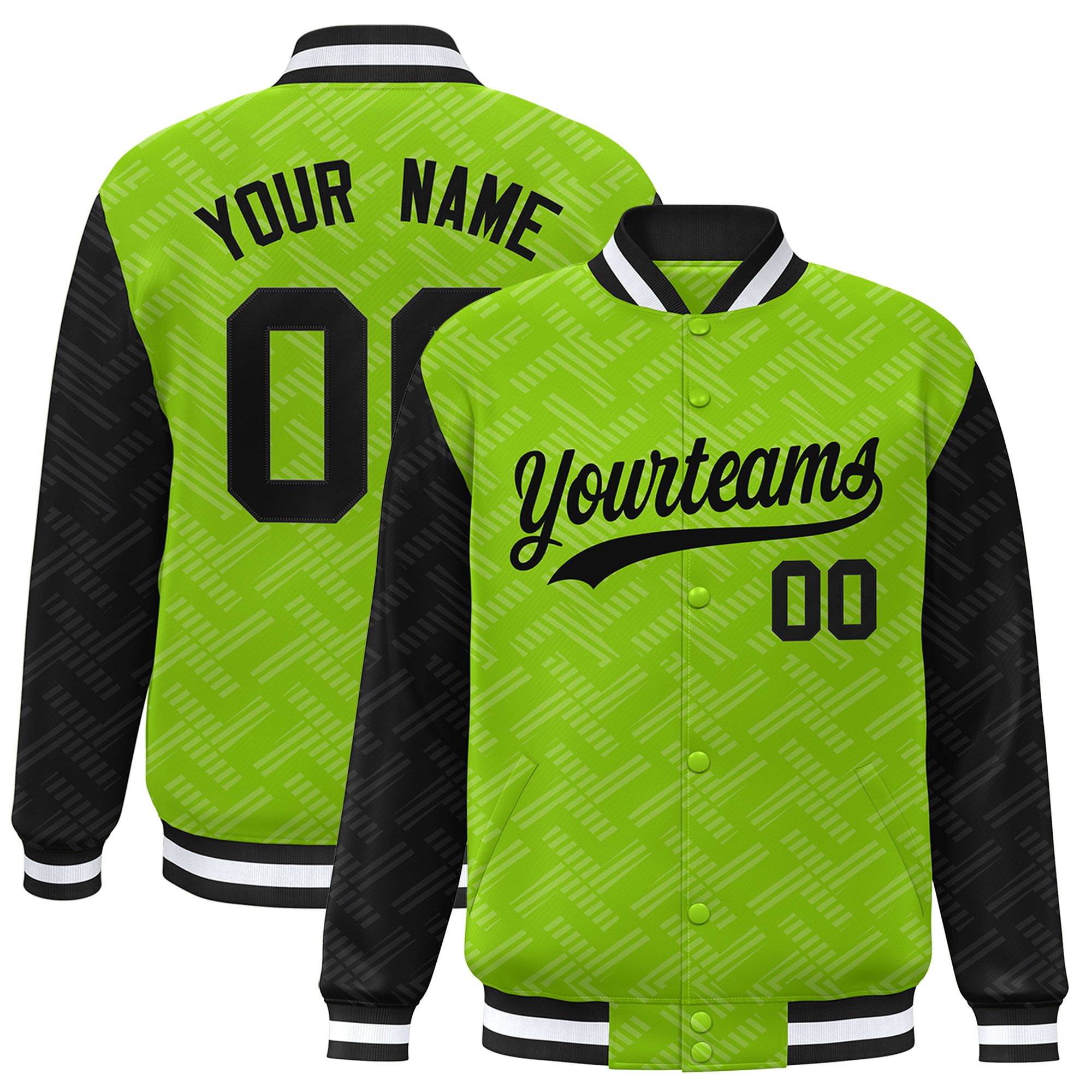 Custom Neon Green Black L Pattern Varsity Raglan Sleeves Full-Snap Letterman Baseball Jacket