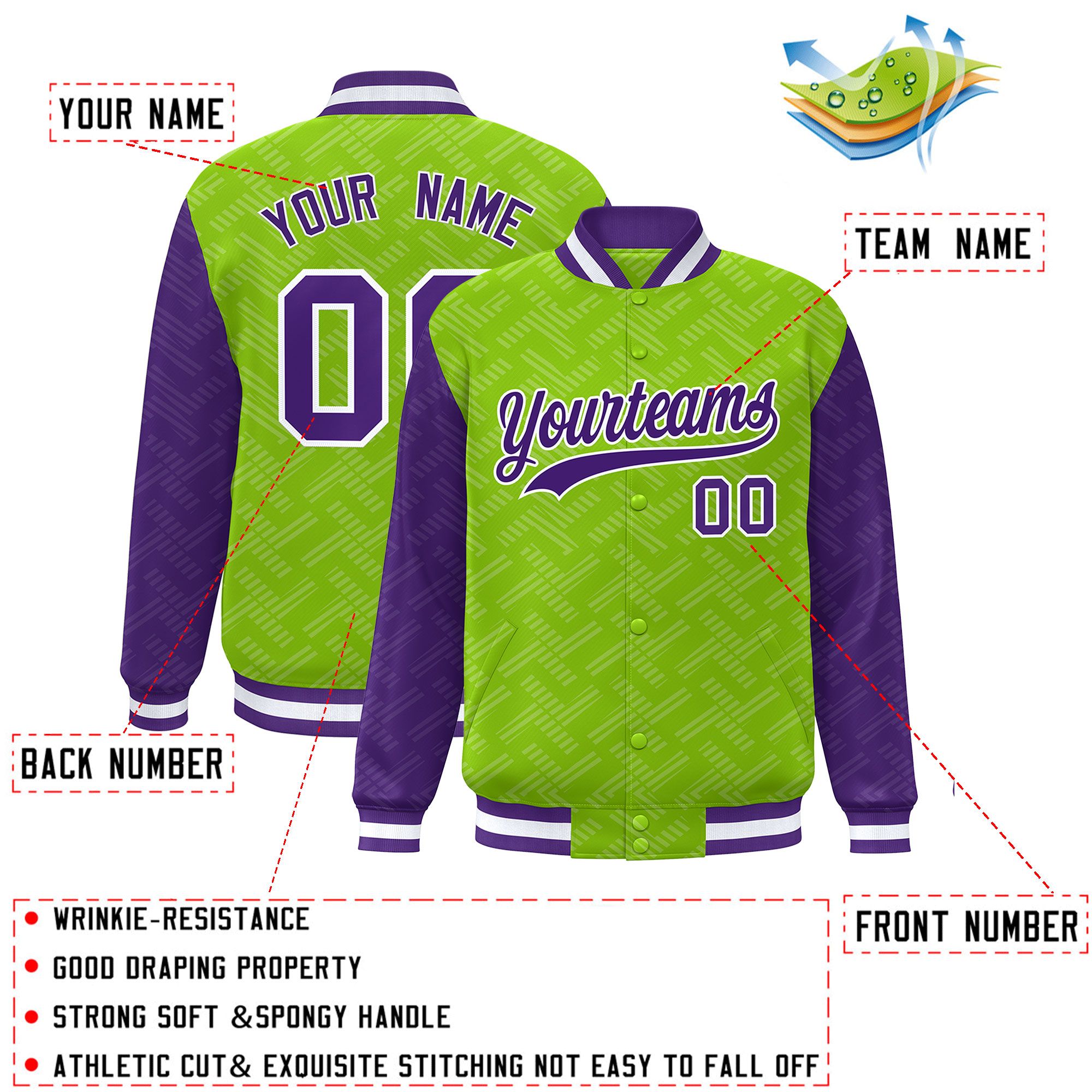 Custom Neon Green Purple L Pattern Varsity Raglan Sleeves Full-Snap Letterman Baseball Jacket