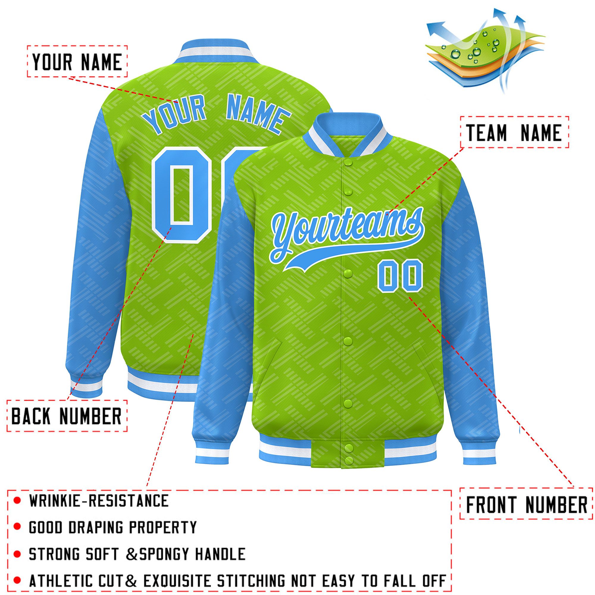 Custom Neon Green Powder Blue L Pattern Varsity Raglan Sleeves Full-Snap Letterman Baseball Jacket