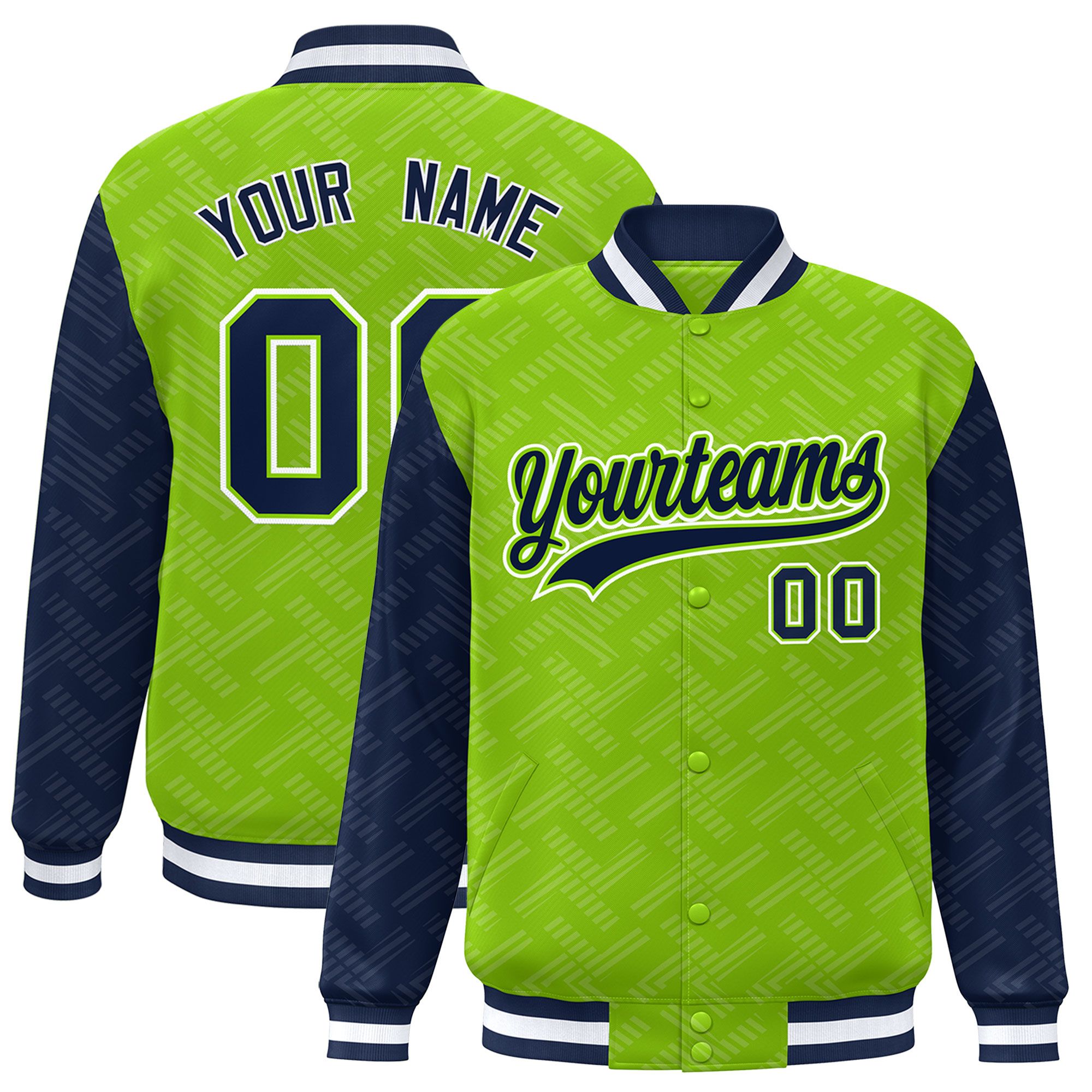 Custom Neon Green Navy L Pattern Varsity Raglan Sleeves Full-Snap Letterman Baseball Jacket