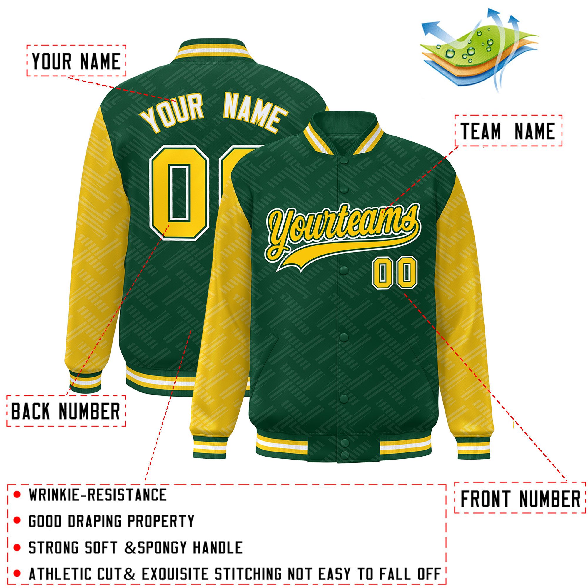 Custom Green Gold L Pattern Varsity Raglan Sleeves Full-Snap Letterman Baseball Jacket