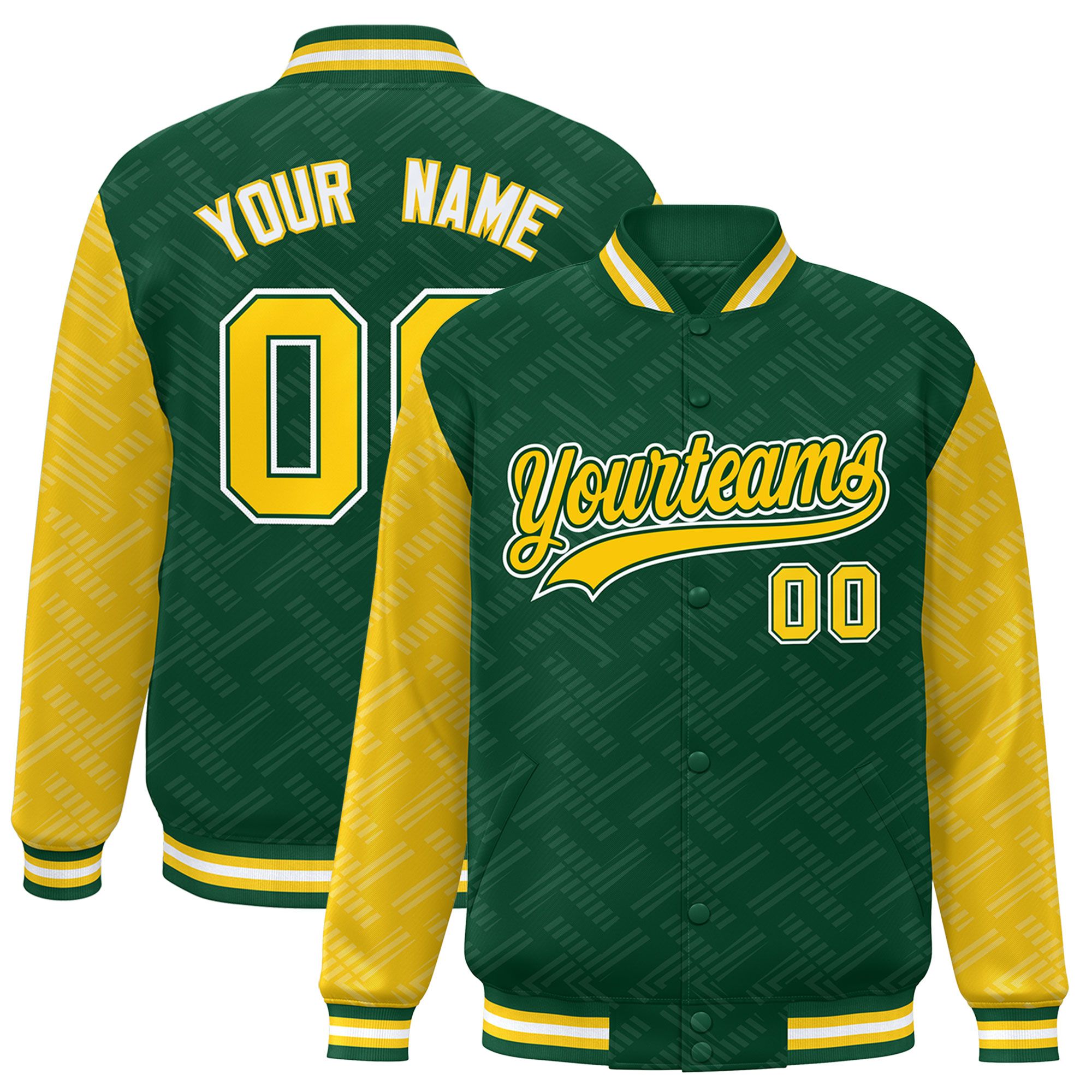 Custom Green Gold L Pattern Varsity Raglan Sleeves Full-Snap Letterman Baseball Jacket