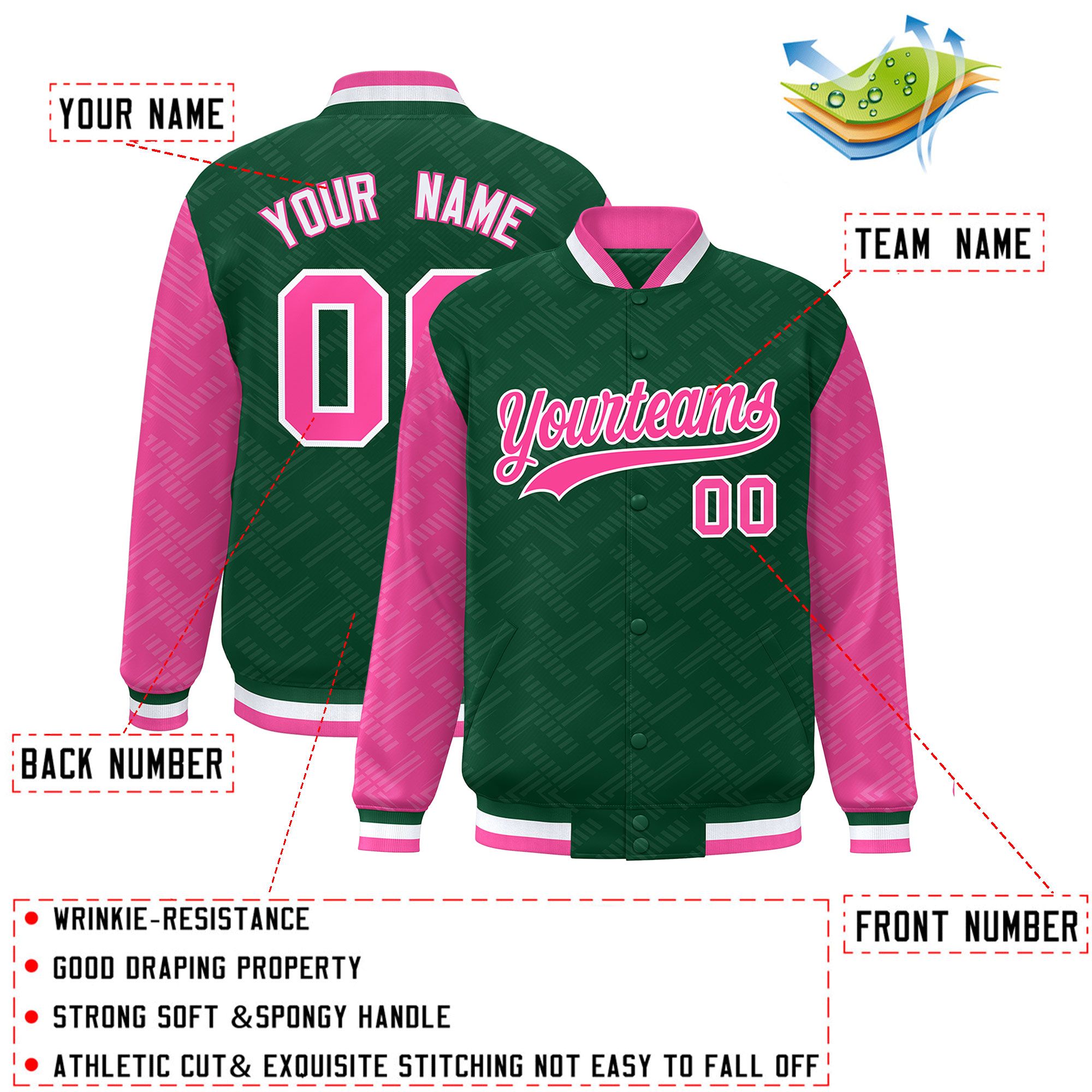 Custom Green Pink L Pattern Varsity Raglan Sleeves Full-Snap Letterman Baseball Jacket