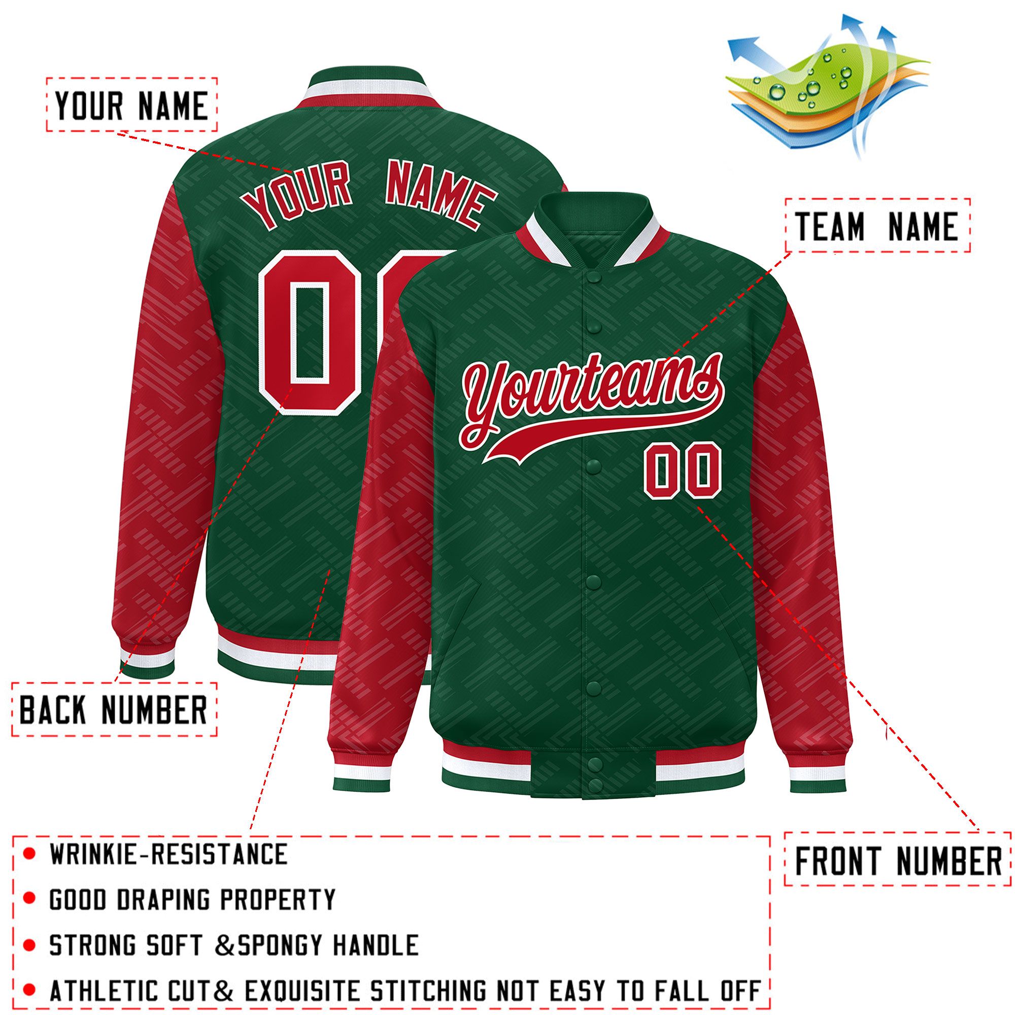 Custom Green Red L Pattern Varsity Raglan Sleeves Full-Snap Letterman Baseball Jacket