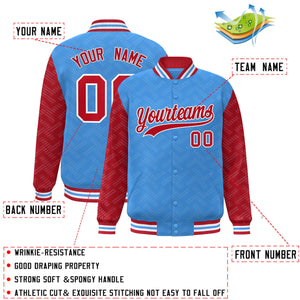 Custom Powder Blue Red L Pattern Varsity Raglan Sleeves Full-Snap Letterman Baseball Jacket