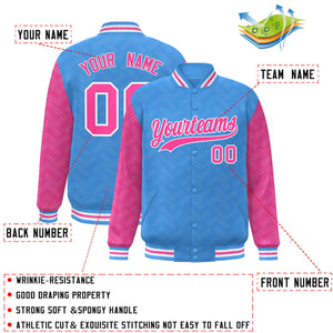 Custom Powder Blue Pink L Pattern Varsity Raglan Sleeves Full-Snap Letterman Baseball Jacket