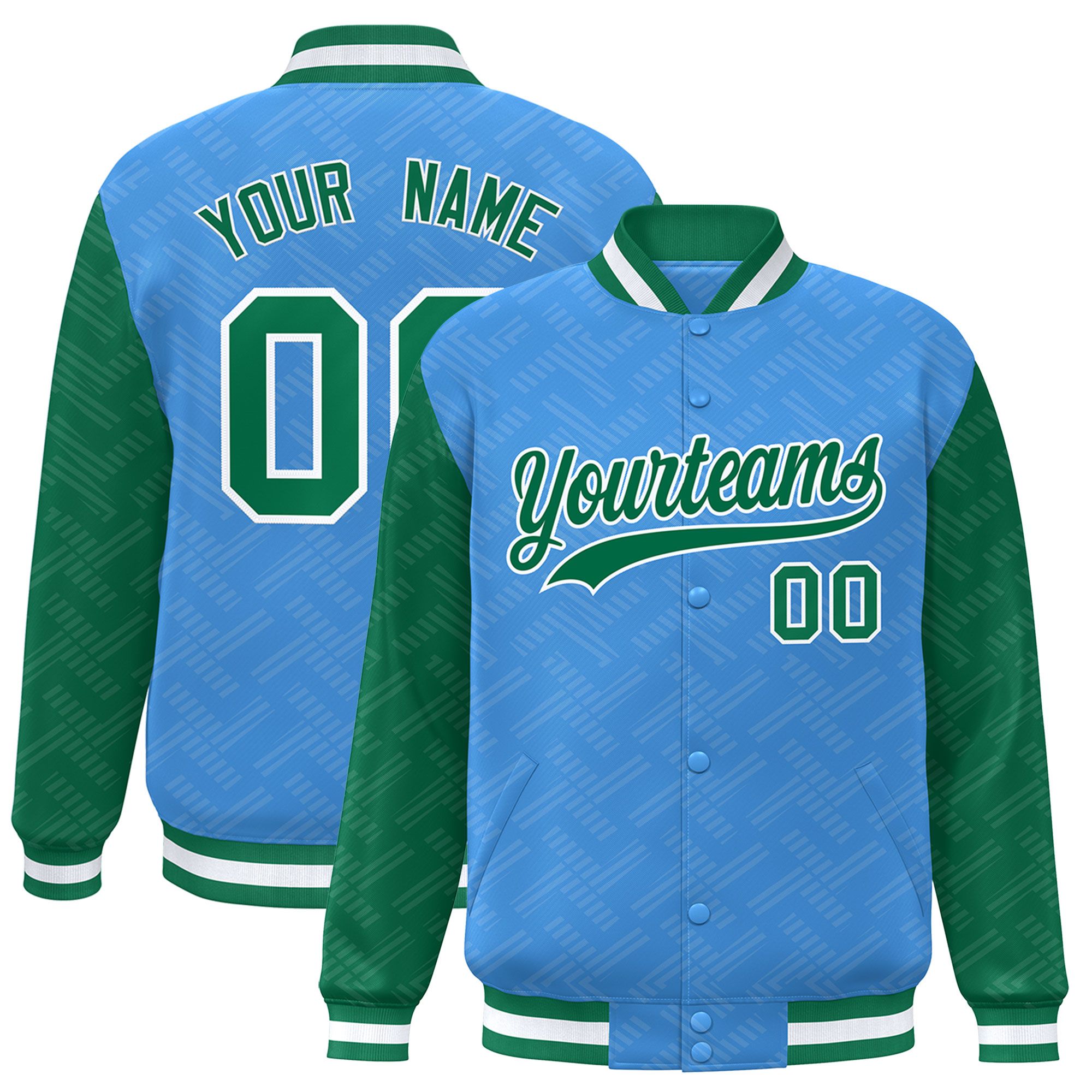 Custom Powder Blue Kelly Green L Pattern Varsity Raglan Sleeves Full-Snap Letterman Baseball Jacket