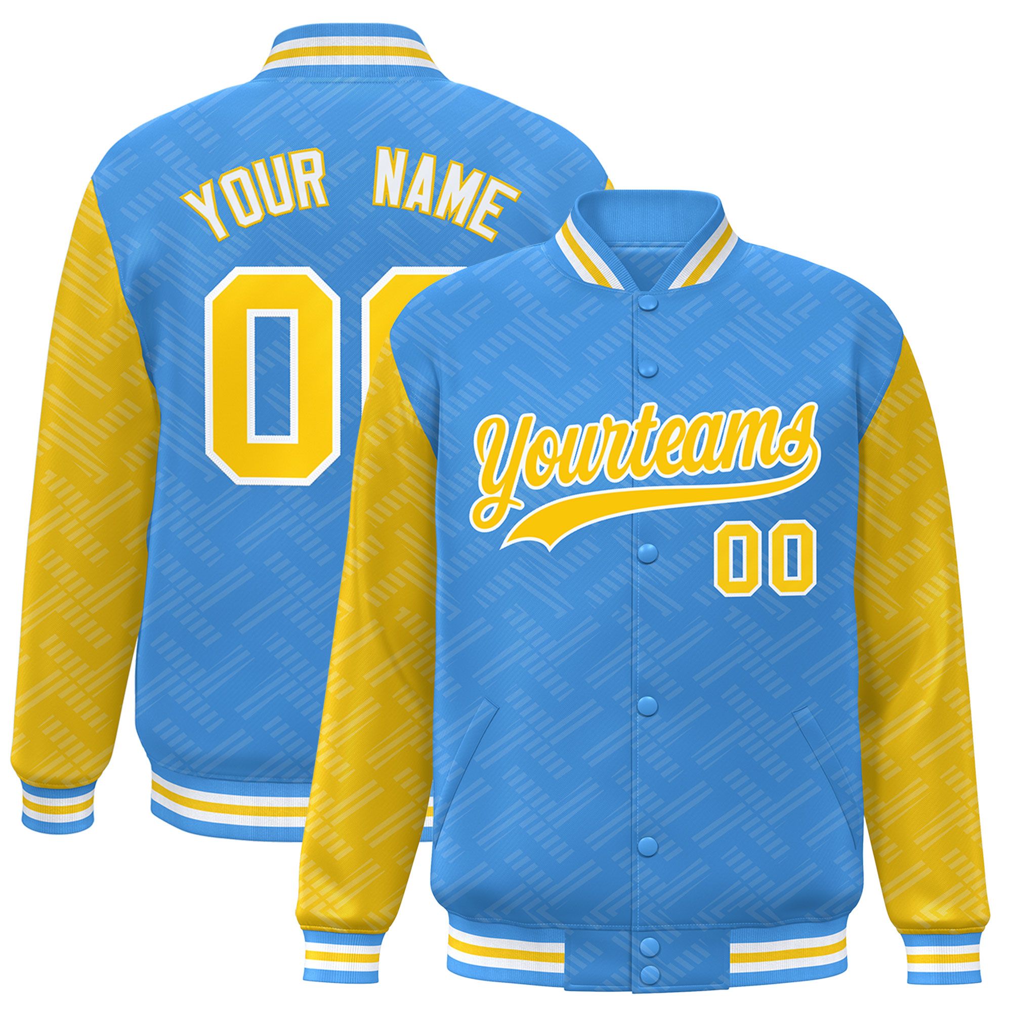 Custom Powder Blue Gold L Pattern Varsity Raglan Sleeves Full-Snap Letterman Baseball Jacket