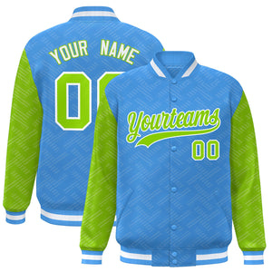 Custom Powder Blue Neon Green L Pattern Varsity Raglan Sleeves Full-Snap Letterman Baseball Jacket