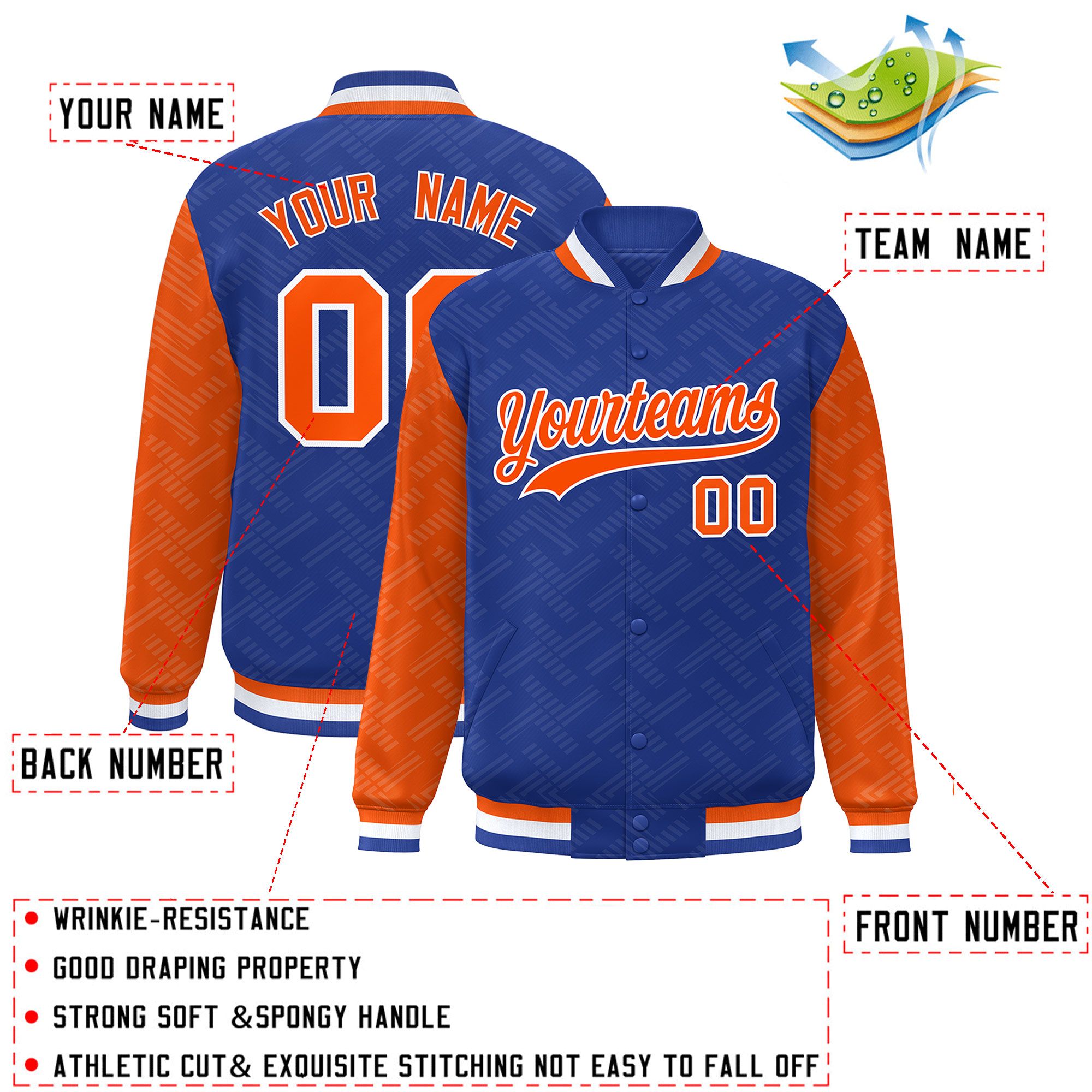 Custom Royal Orange L Pattern Varsity Raglan Sleeves Full-Snap Letterman Baseball Jacket