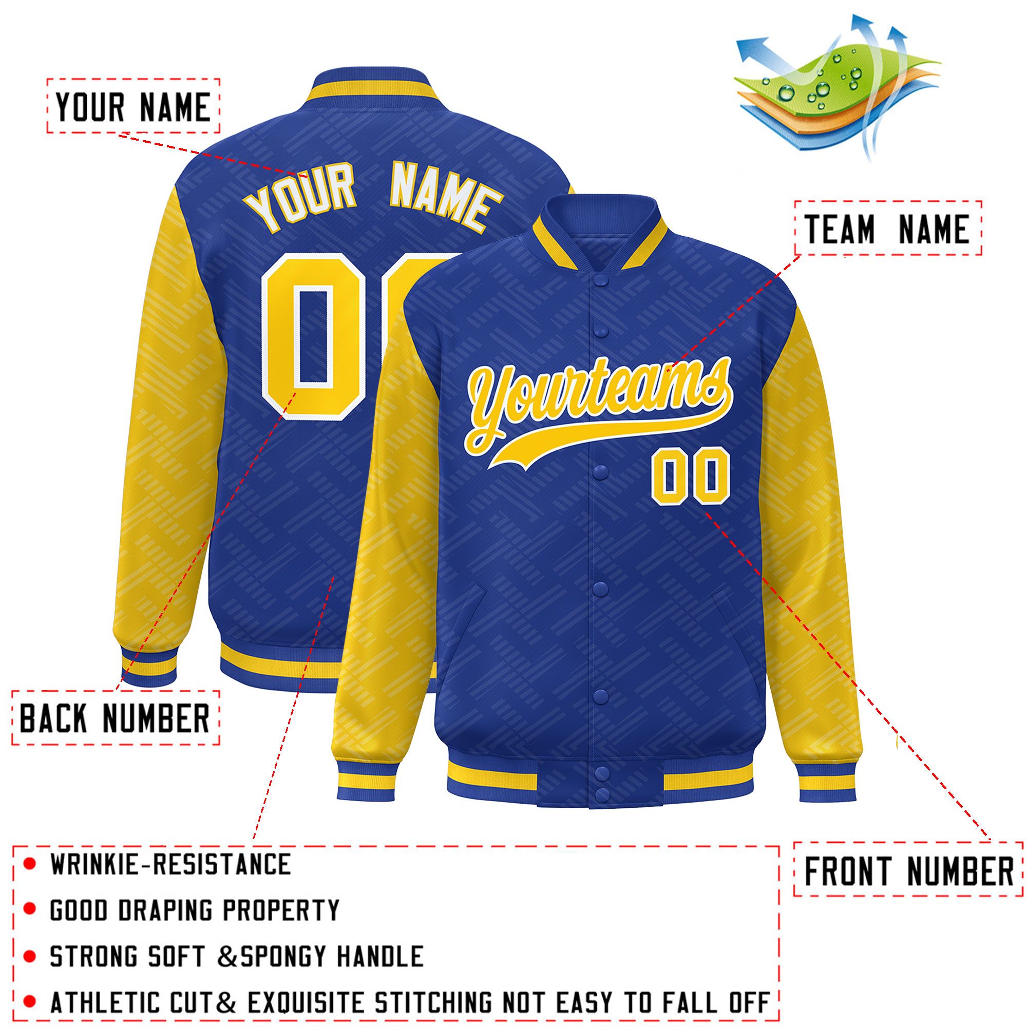 Custom Royal Gold L Pattern Varsity Raglan Sleeves Full-Snap Letterman Baseball Jacket