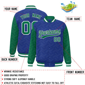 Custom Royal Kelly Green L Pattern Varsity Raglan Sleeves Full-Snap Letterman Baseball Jacket