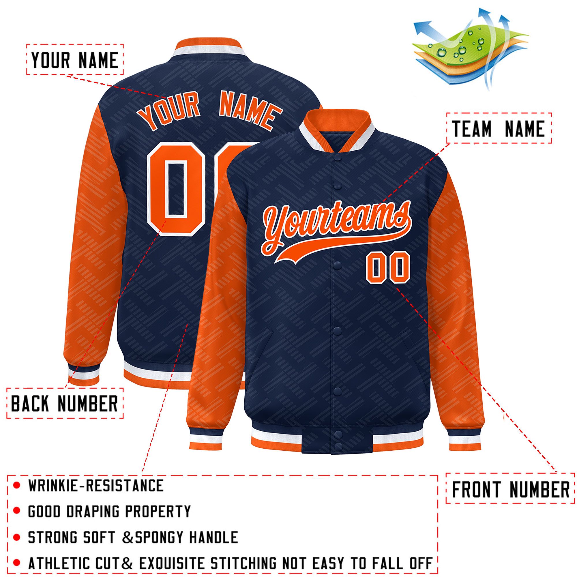 Custom Navy Orange L Pattern Varsity Raglan Sleeves Full-Snap Letterman Baseball Jacket