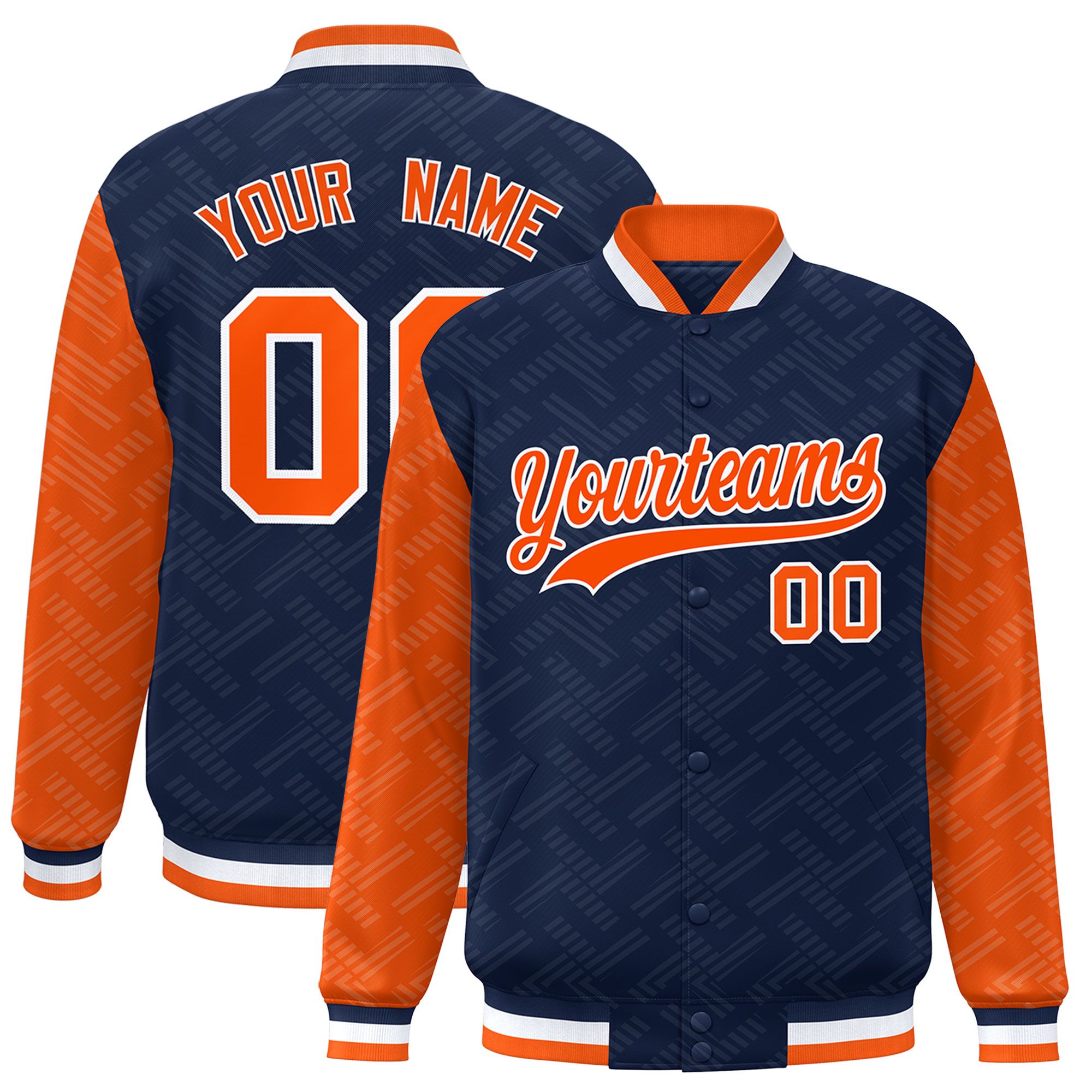 Custom Navy Orange L Pattern Varsity Raglan Sleeves Full-Snap Letterman Baseball Jacket