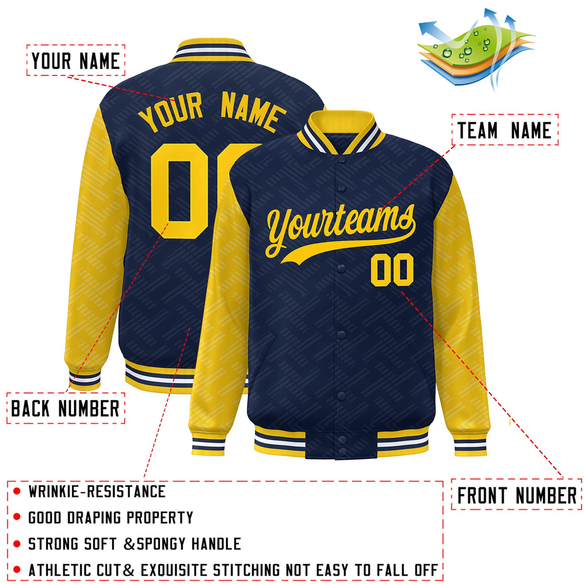 Custom Navy Gold L Pattern Varsity Raglan Sleeves Full-Snap Letterman Baseball Jacket