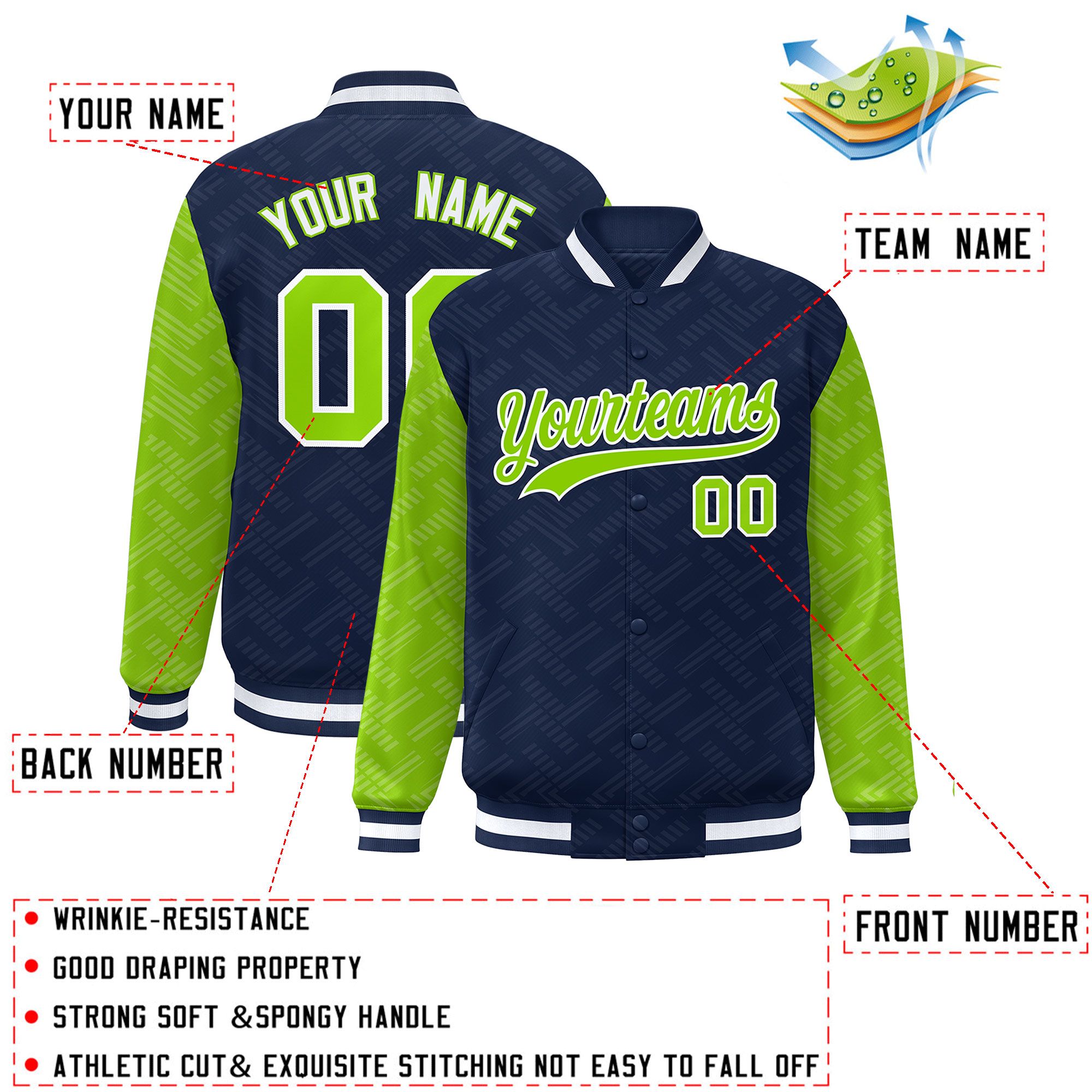 Custom Navy Neon Green L Pattern Varsity Raglan Sleeves Full-Snap Letterman Baseball Jacket