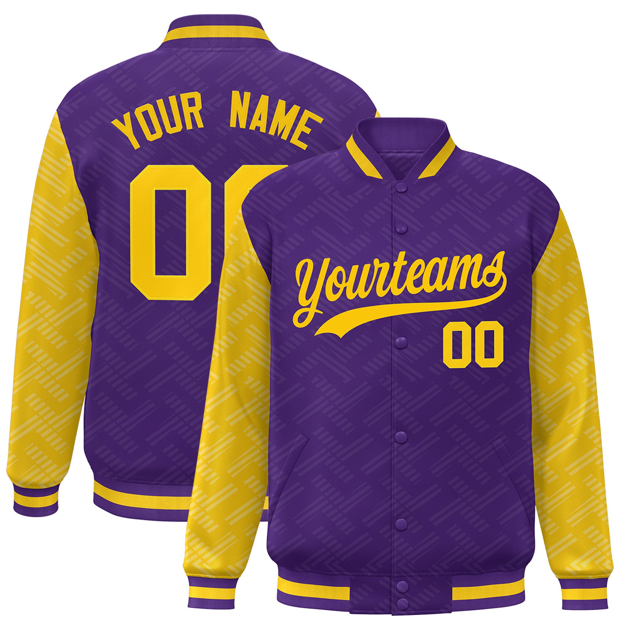 Custom Purple Gold L Pattern Varsity Raglan Sleeves Full-Snap Letterman Baseball Jacket