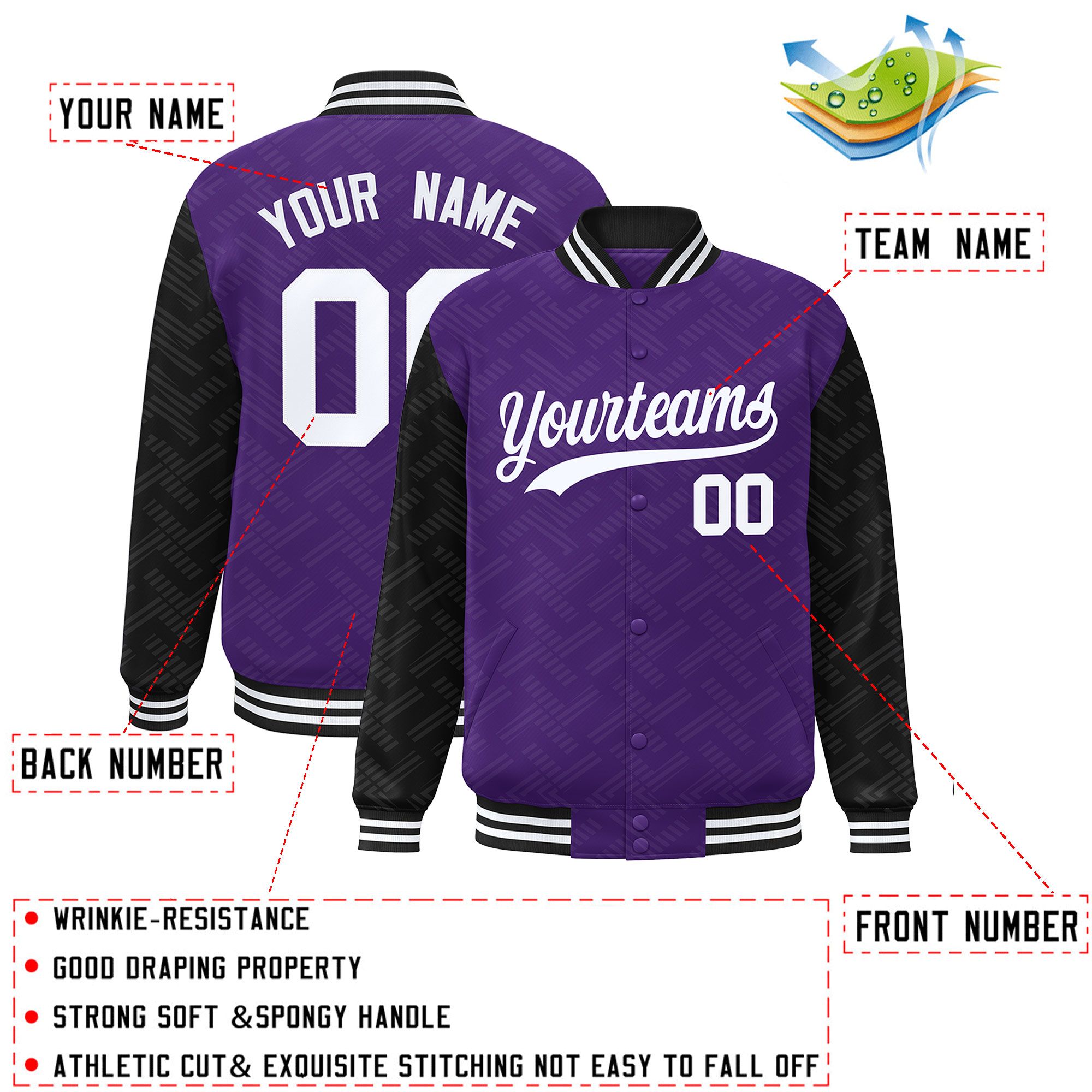 Custom Purple Black L Pattern Varsity Raglan Sleeves Full-Snap Letterman Baseball Jacket