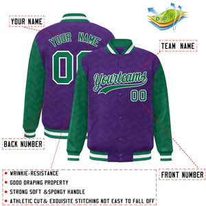 Custom Purple Kelly Green L Pattern Varsity Raglan Sleeves Full-Snap Letterman Baseball Jacket