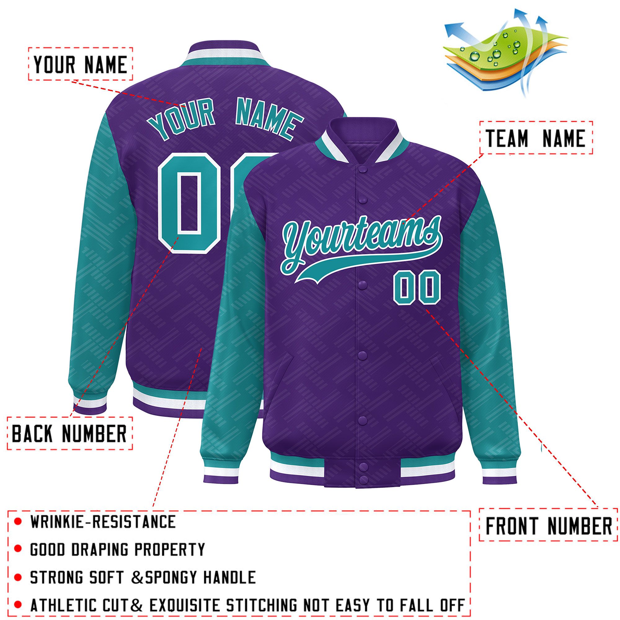 Custom Purple Aqua L Pattern Varsity Raglan Sleeves Full-Snap Letterman Baseball Jacket