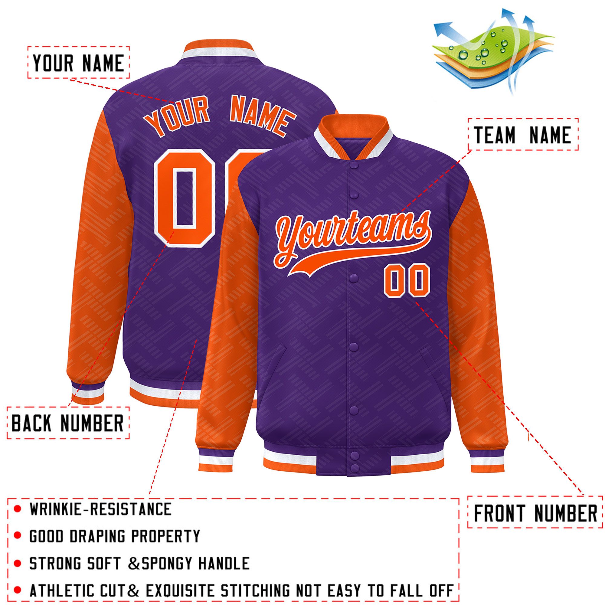 Custom Purple Orange L Pattern Varsity Raglan Sleeves Full-Snap Letterman Baseball Jacket