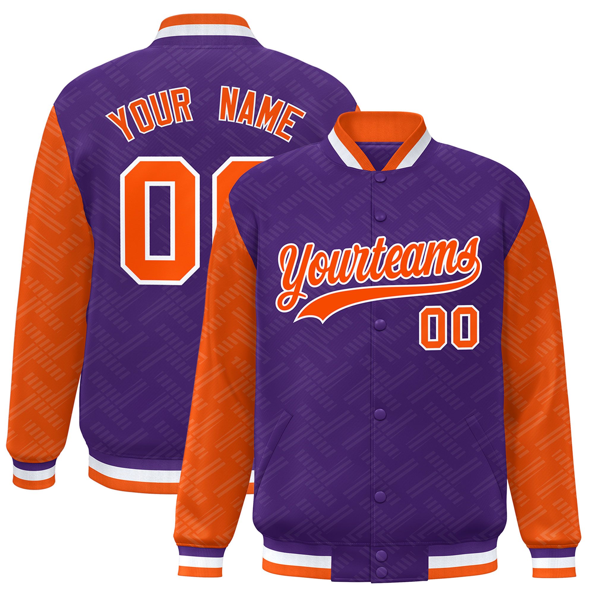 Custom Purple Orange L Pattern Varsity Raglan Sleeves Full-Snap Letterman Baseball Jacket