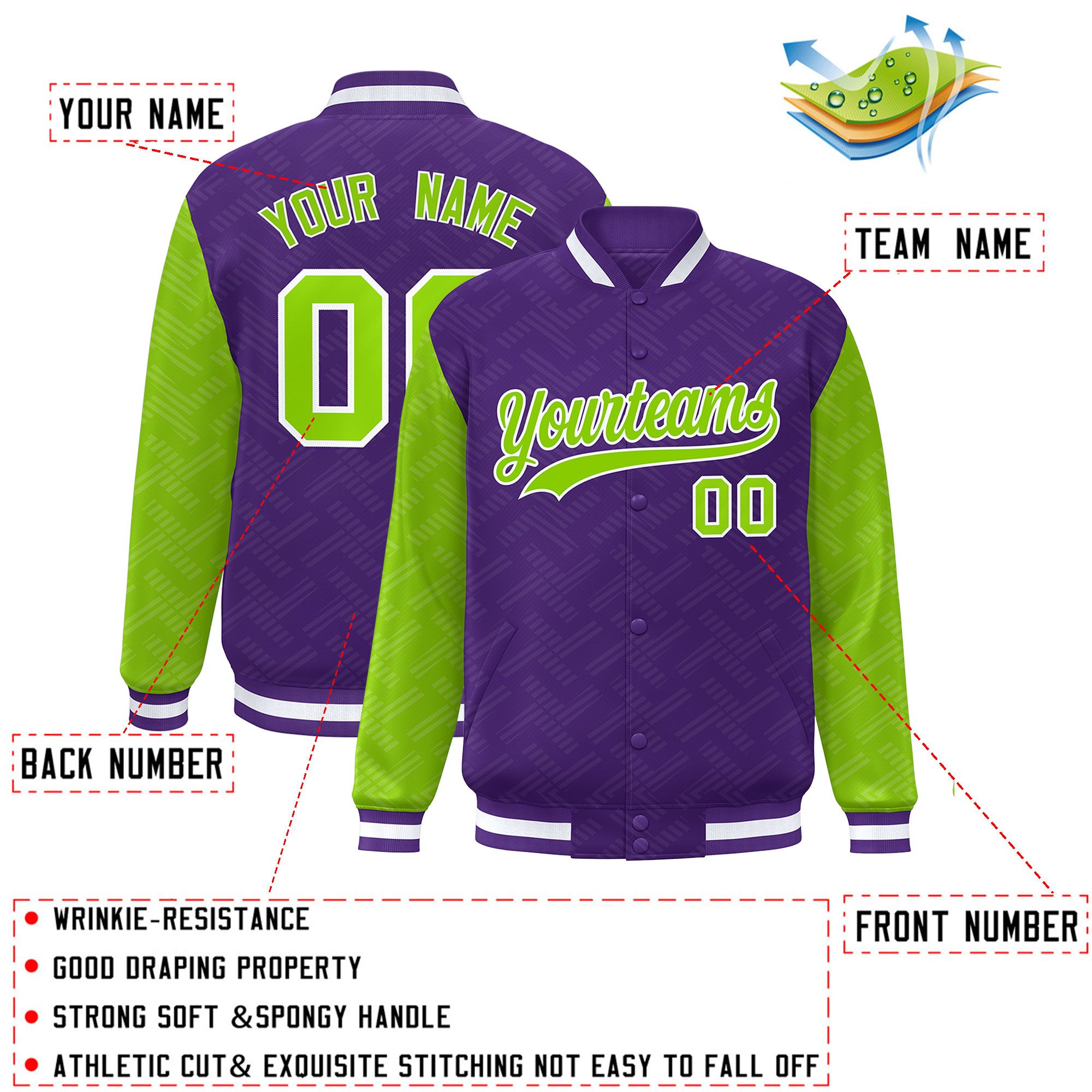 Custom Purple Neon Green L Pattern Varsity Raglan Sleeves Full-Snap Letterman Baseball Jacket