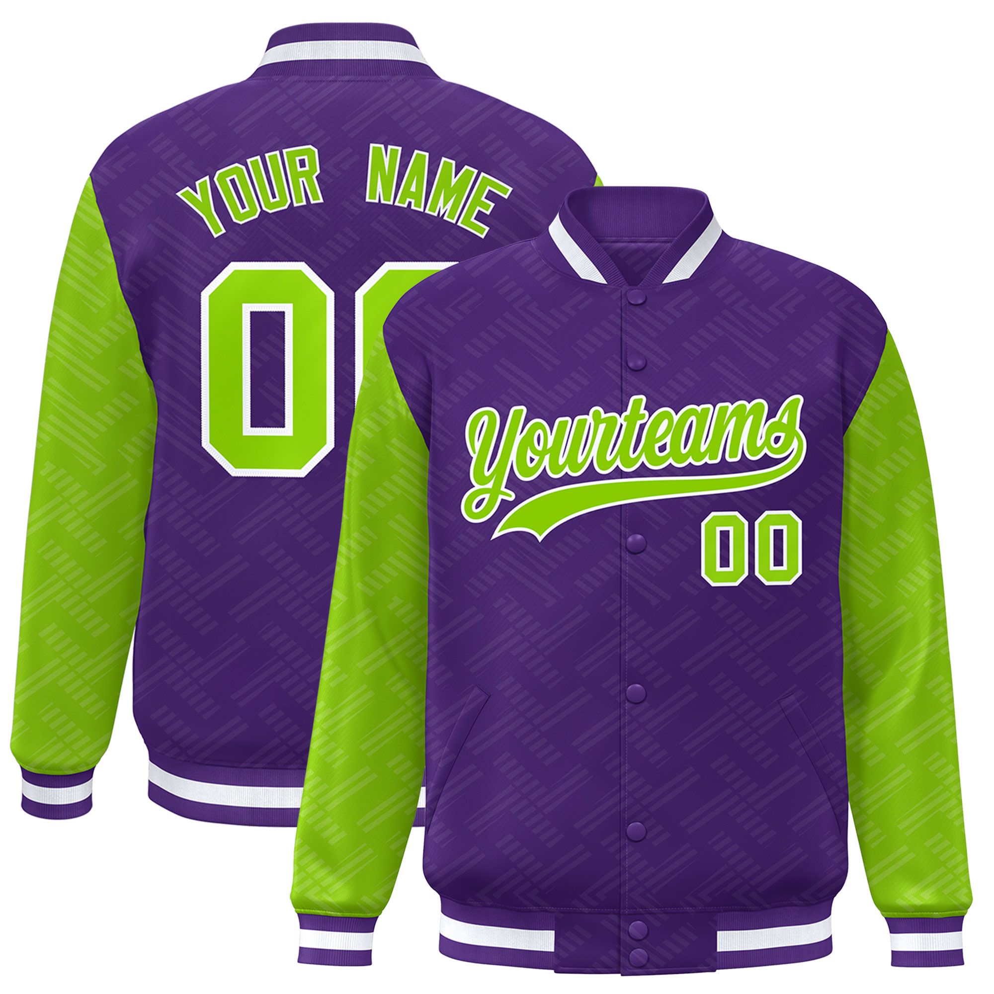 Custom Purple Neon Green L Pattern Varsity Raglan Sleeves Full-Snap Letterman Baseball Jacket