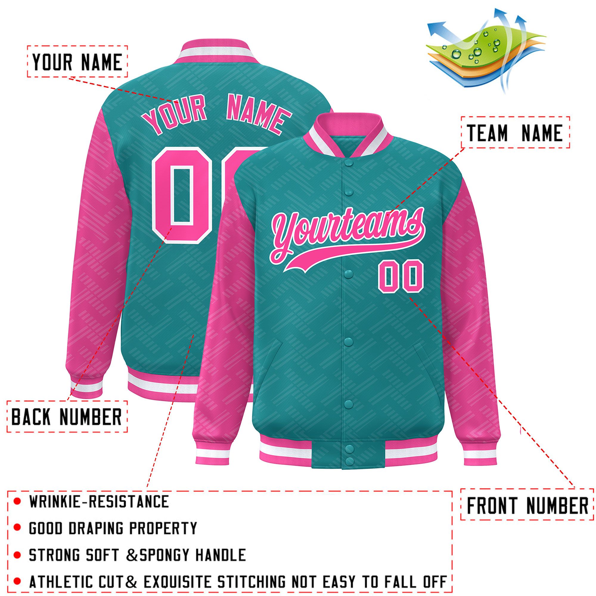 Custom Aqua Pink L Pattern Varsity Raglan Sleeves Full-Snap Letterman Baseball Jacket