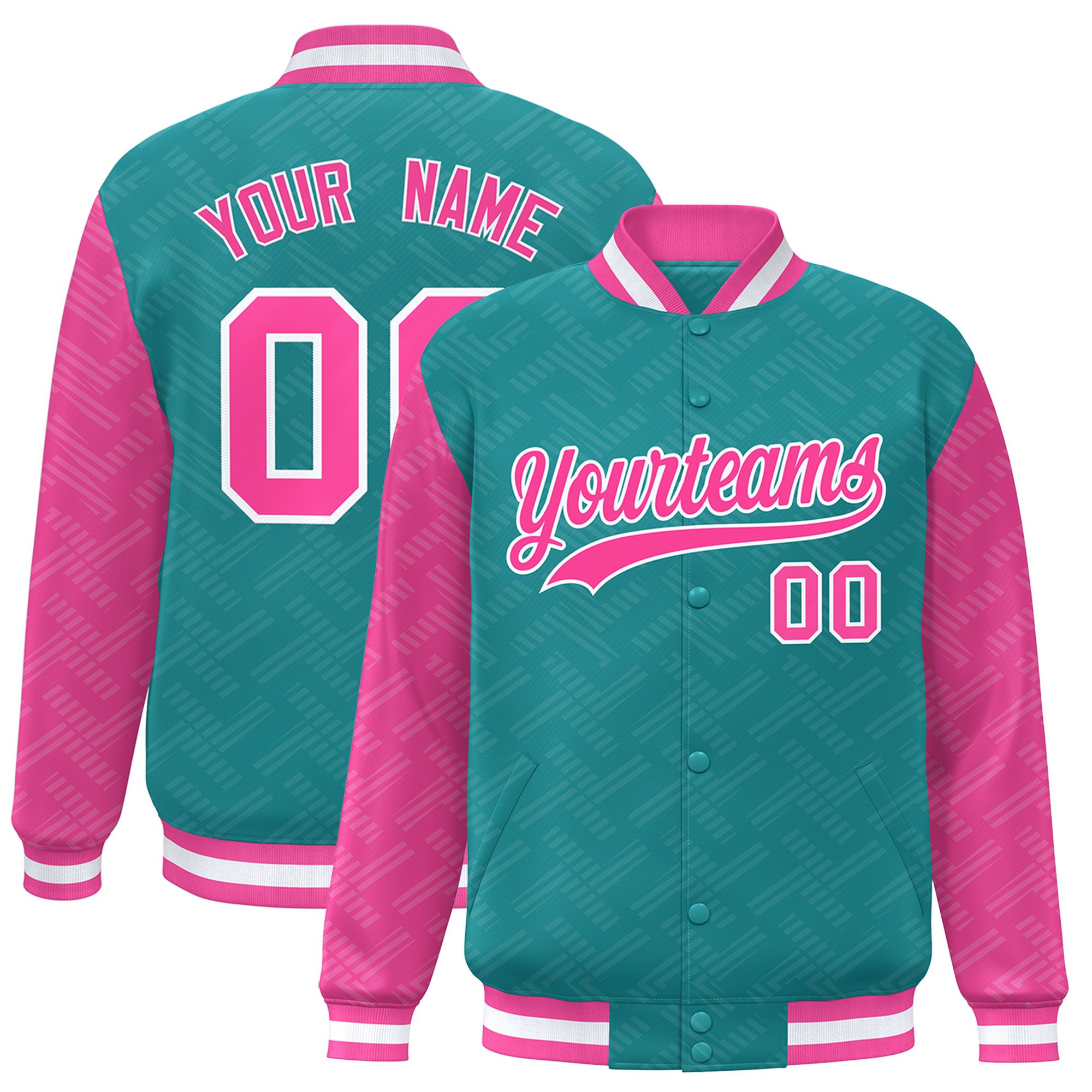 Custom Aqua Pink L Pattern Varsity Raglan Sleeves Full-Snap Letterman Baseball Jacket