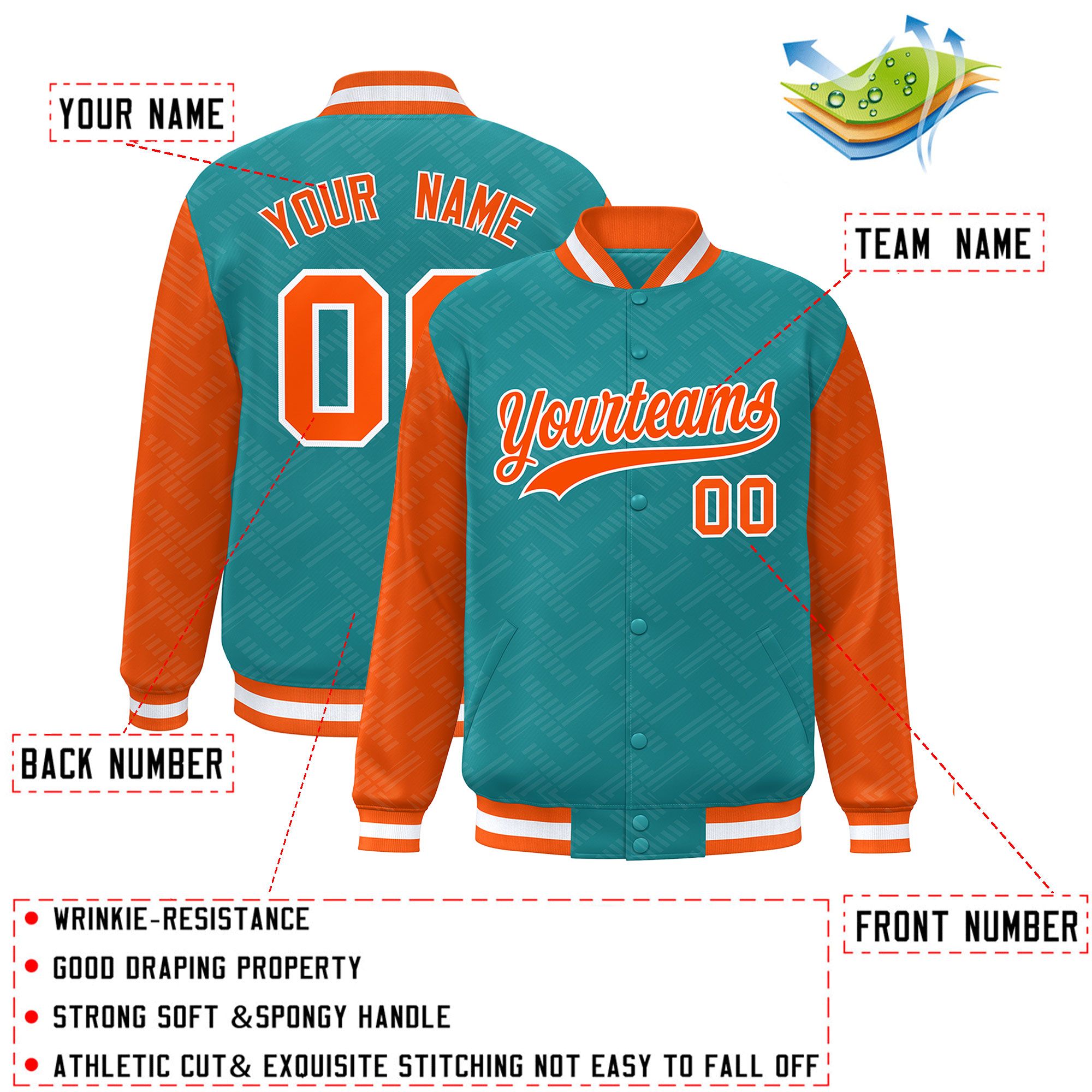 Custom Aqua Orange L Pattern Varsity Raglan Sleeves Full-Snap Letterman Baseball Jacket