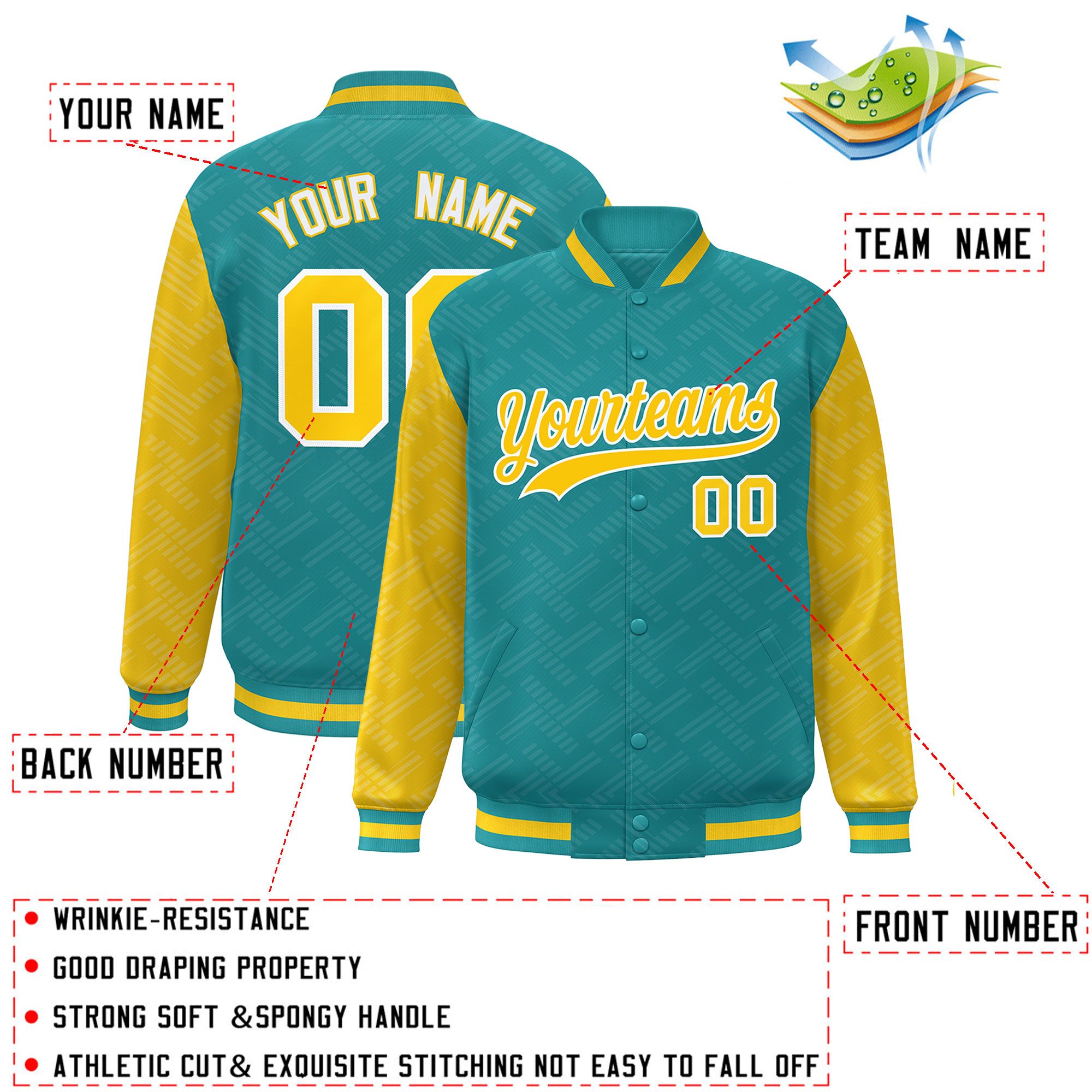 Custom Aqua Gold L Pattern Varsity Raglan Sleeves Full-Snap Letterman Baseball Jacket