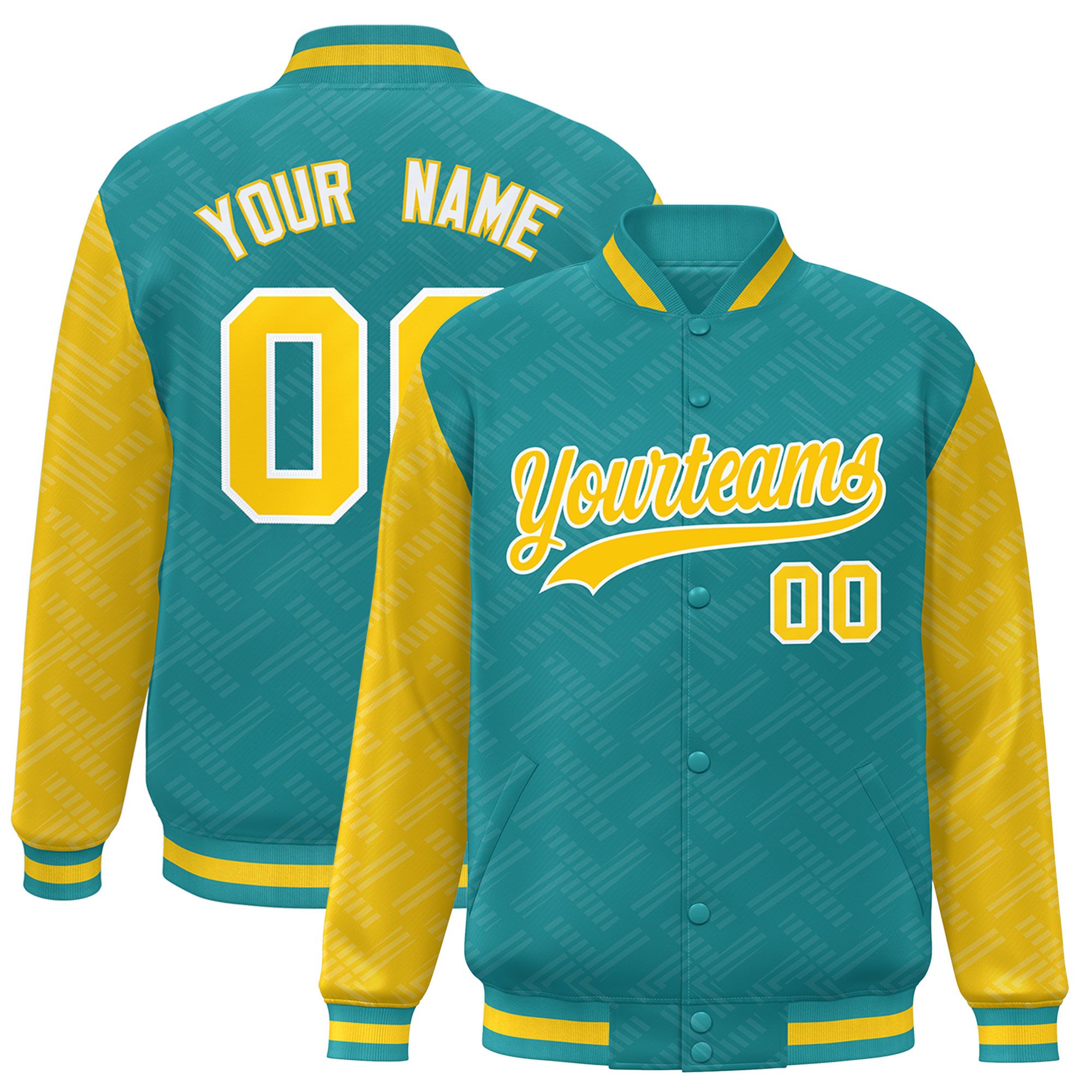 Custom Aqua Gold L Pattern Varsity Raglan Sleeves Full-Snap Letterman Baseball Jacket