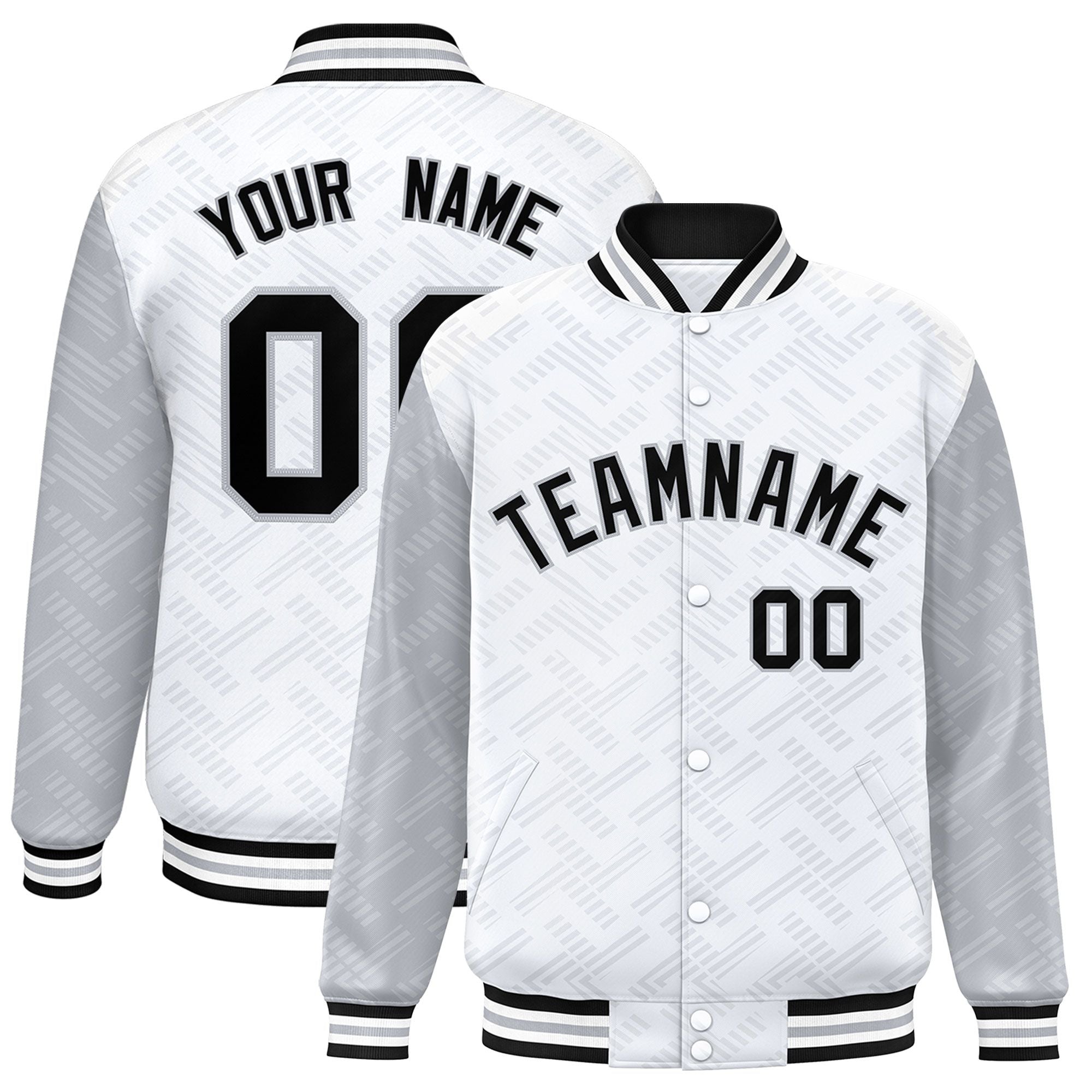 Custom White Gray L Pattern Varsity Raglan Sleeves Full-Snap Letterman Baseball Jacket